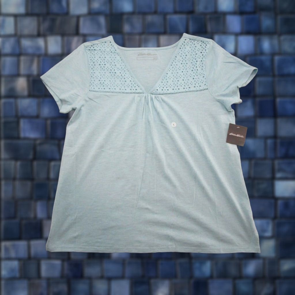 Eddie Bauer Eddie Bauer Women's V-Neck Eyelet Blue T-Shirt Size L 100% Cotton NEW Size L / US 10 / IT 46 - 1 Thumbnail