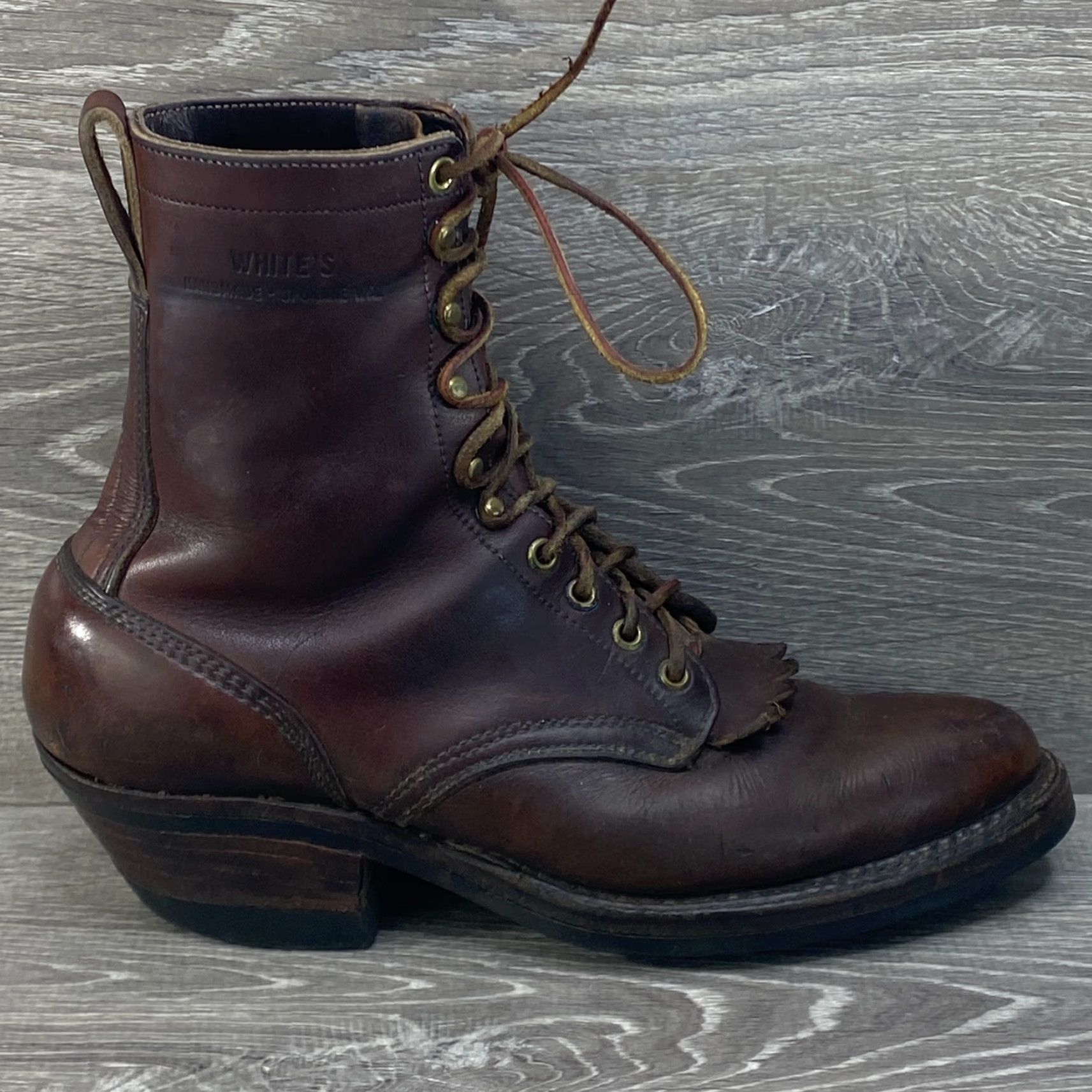 Vintage Whites Handmade Mens 9 D Brown Leather Boots Logger Packer Lace Up Vibram Sole - Workwear Boots Size US 9 / EU 42 - 2 Thumbnail