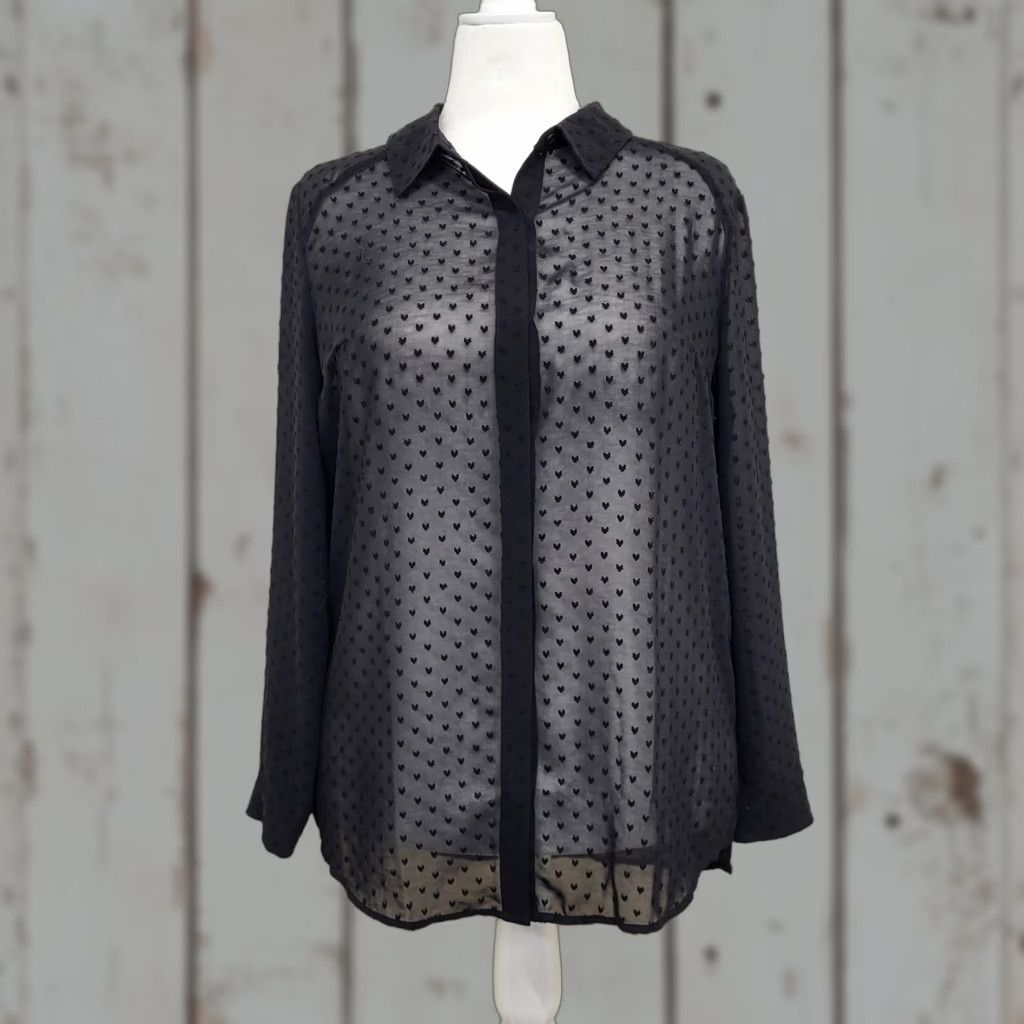 Nanette Lepore Lamour Nanette Lepore Shirt Blouse Womens XL Black Sheer Embroidered Hearts Balloon Sleeve Size XL / US 12-14 / IT 48-50 - 1 Thumbnail