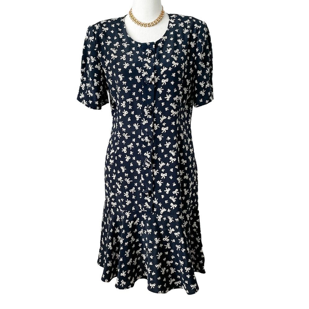 Vintage Leslie Fay Vintage Navy Bow Print Drop Waist Flounce Dress S Size S / US 4 / IT 40 - 2 Thumbnail