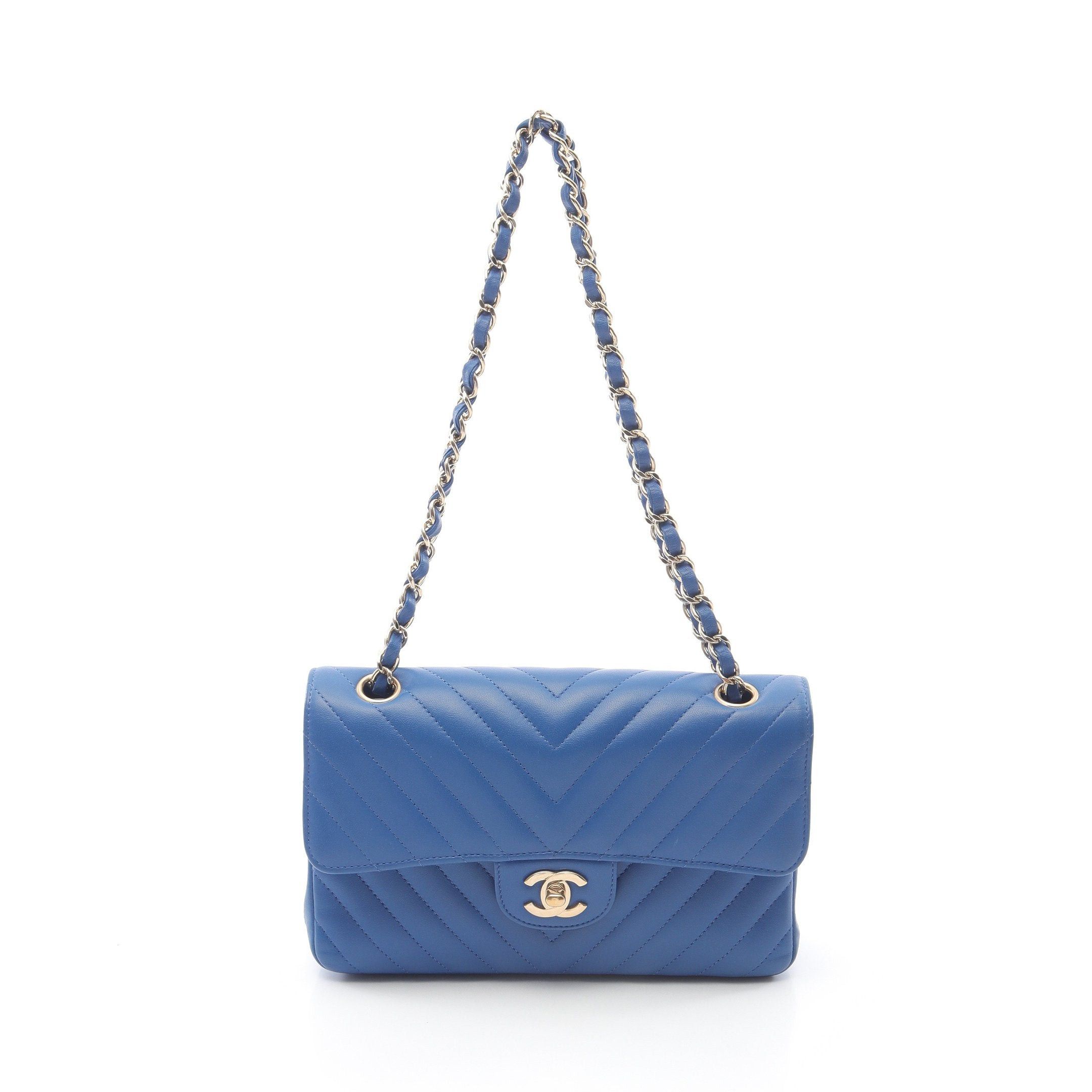 Chanel Chevron V-Stitch Double Flap Chain Shoulder Bag Lambskin Blue Gold Hardware