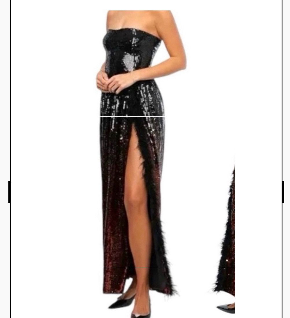 WeWoreWhat corset strapless sequin feather maxi dress