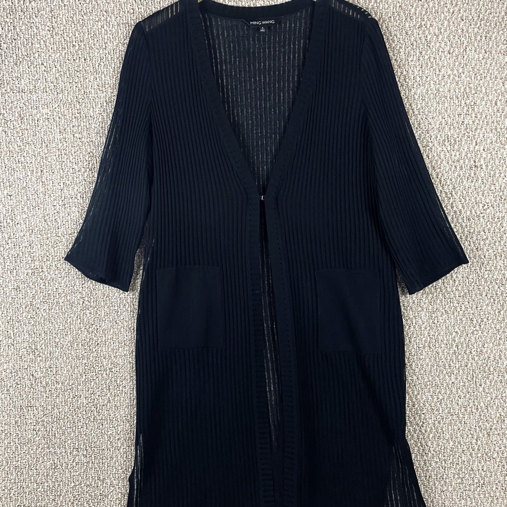 Vintage Ming Wang Cardigan Jacket Women L Ribbed Sheer Black Knit Longline T374 Knit Cardigan Ribbed Open Collarless Long Sleeve Round Neck Black Woman Large Size L / US 10 / IT 46 - 2 Thumbnail