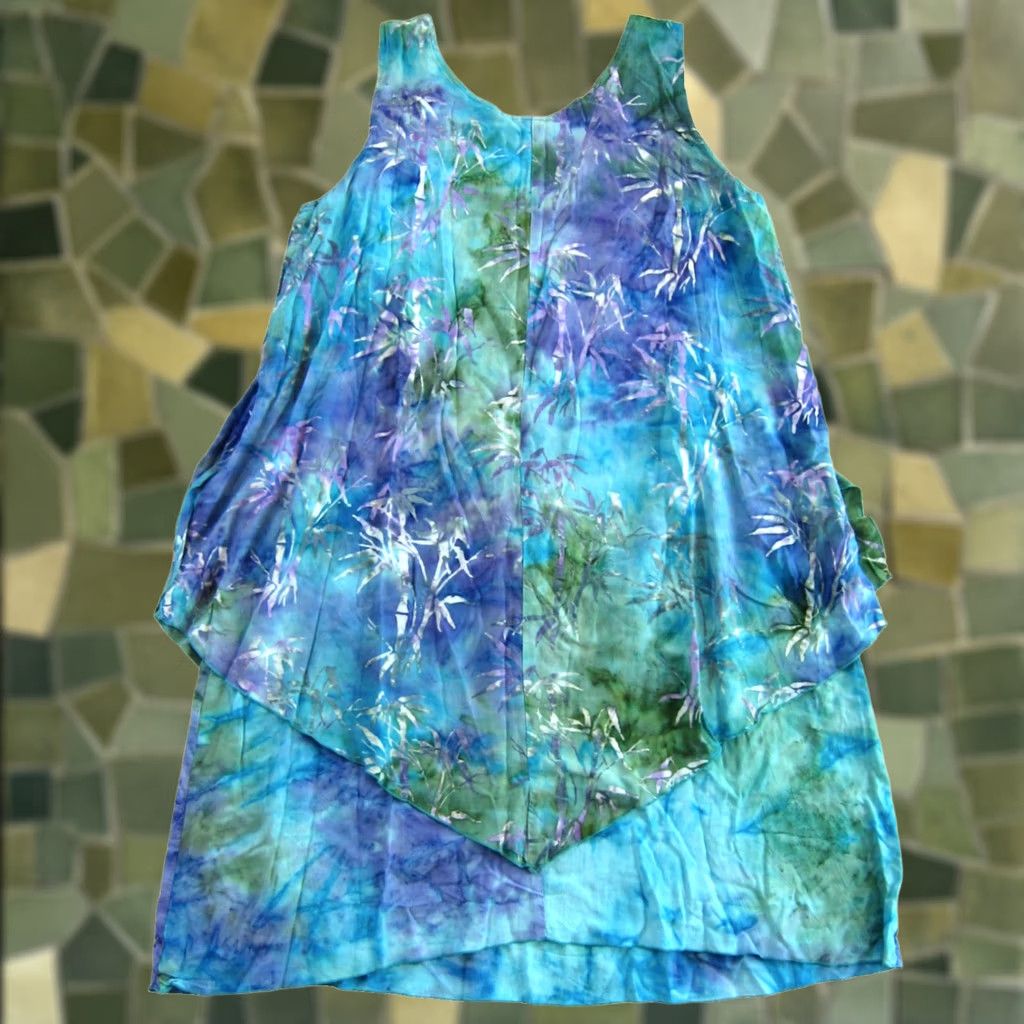 Vintage VINTAGE Lost River Dress Tank Midi Sun Blue Purple Green Tie Dye Layered Rayon XL Sundress Floral Kaftan Bohemian 90s Womens Size XL / US 12-14 / IT 48-50 - 1 Thumbnail