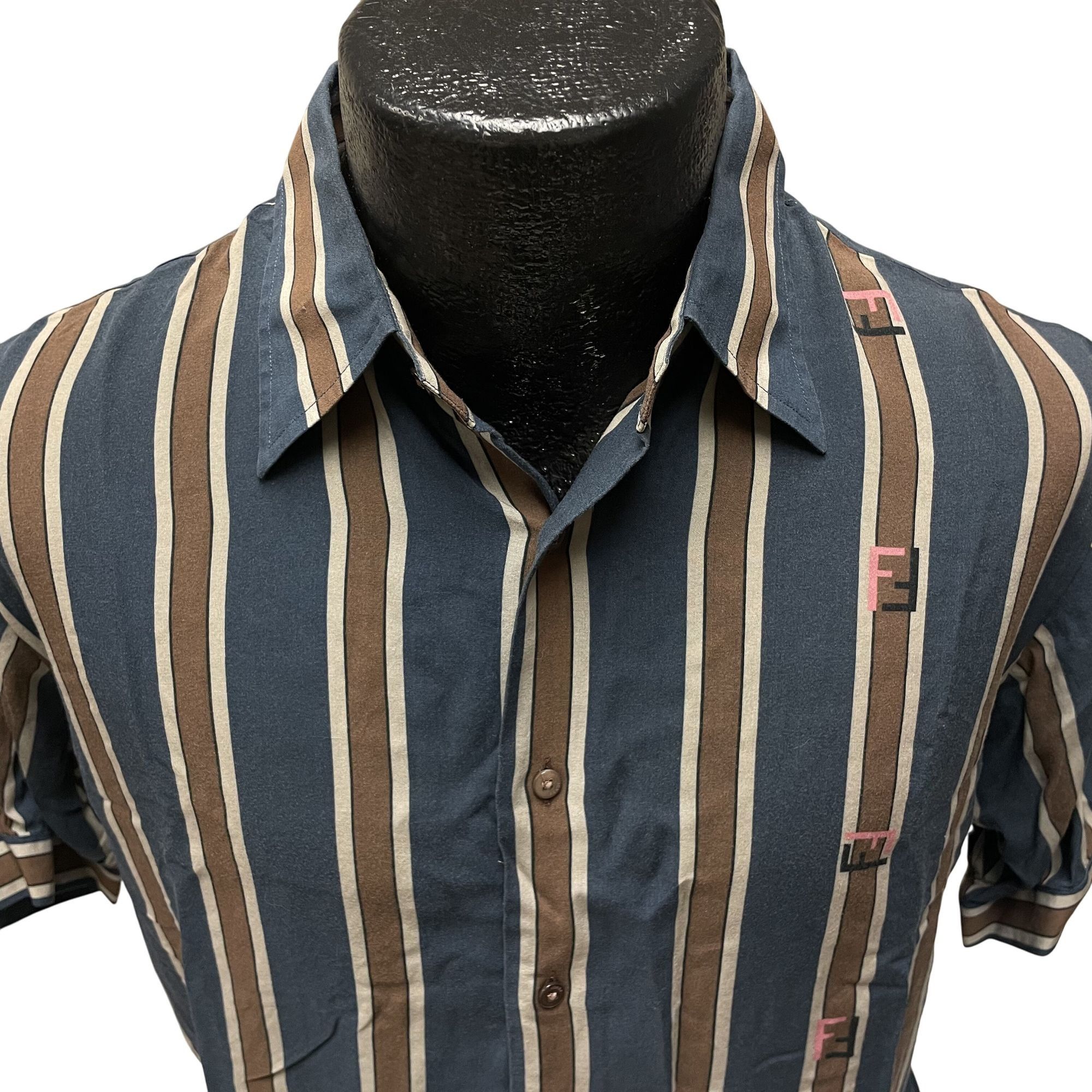 Fendi Fendi Blue Stripe PANEL Logo Rayon Rockabilly Shirt Size US M / EU 48-50 / 2 - 4 Thumbnail