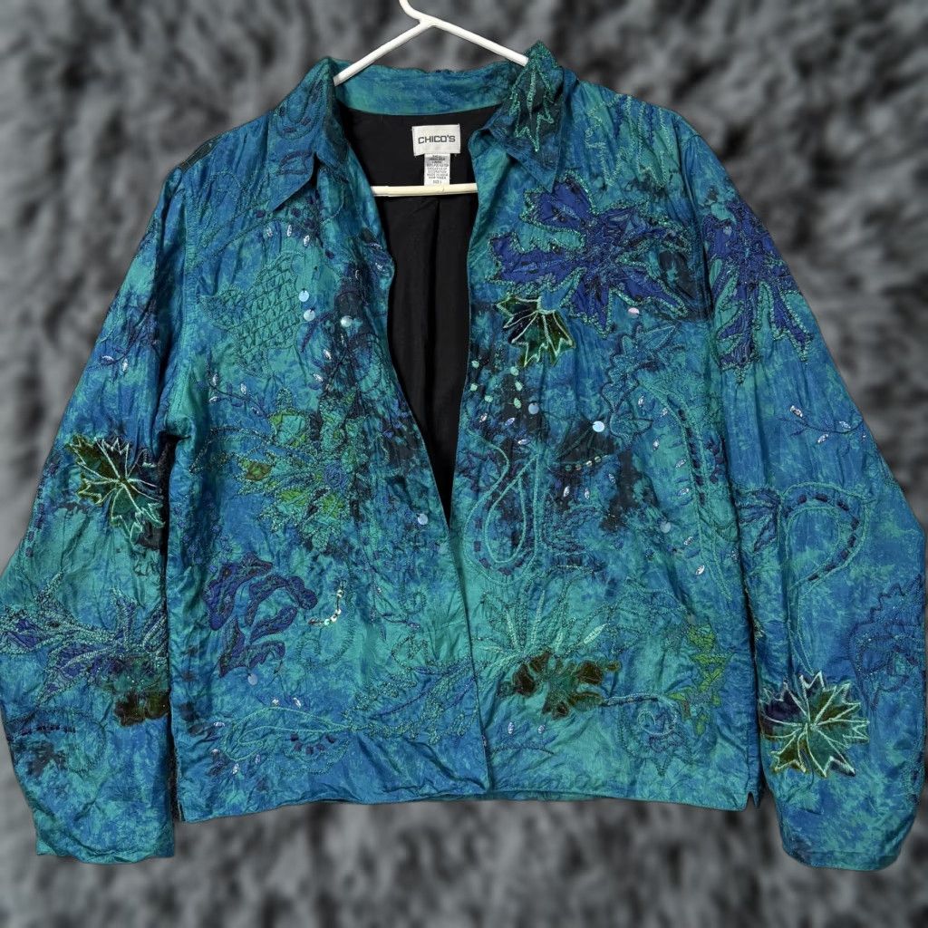 VINTAGE Chico's Jacket Multicolor Silk Embroidered Sequin Floral 90s Boho Short Sleeve Womens Size 1 - Fall Spring Golden?