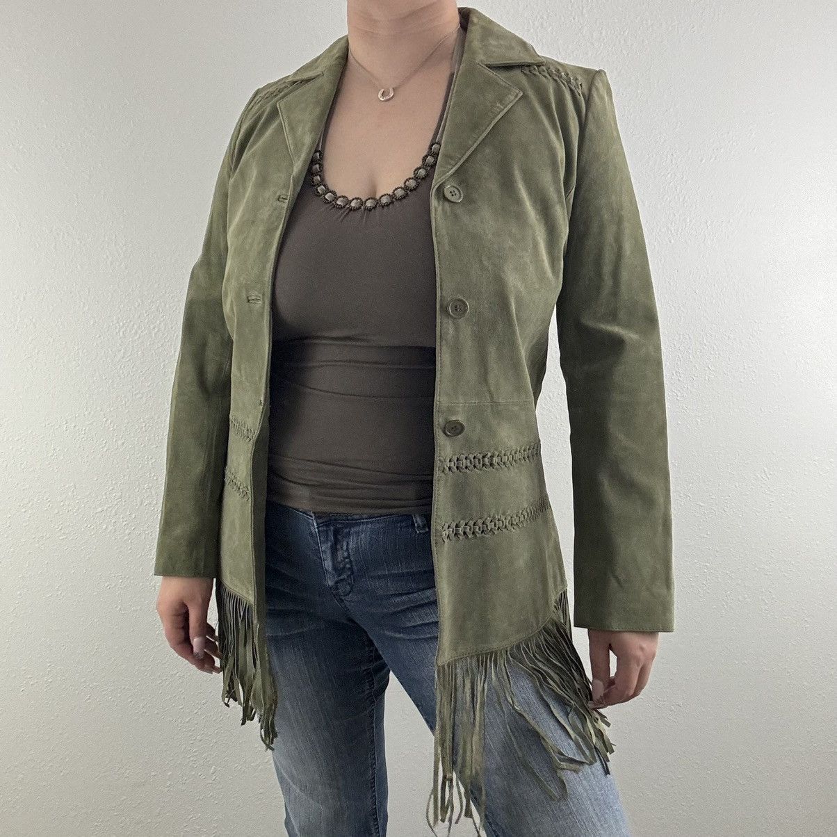 Vintage ARTURO Vintage 90s Green Suede Leather Grunge Fringe Jacket Size M / US 6-8 / IT 42-44 - 1 Thumbnail