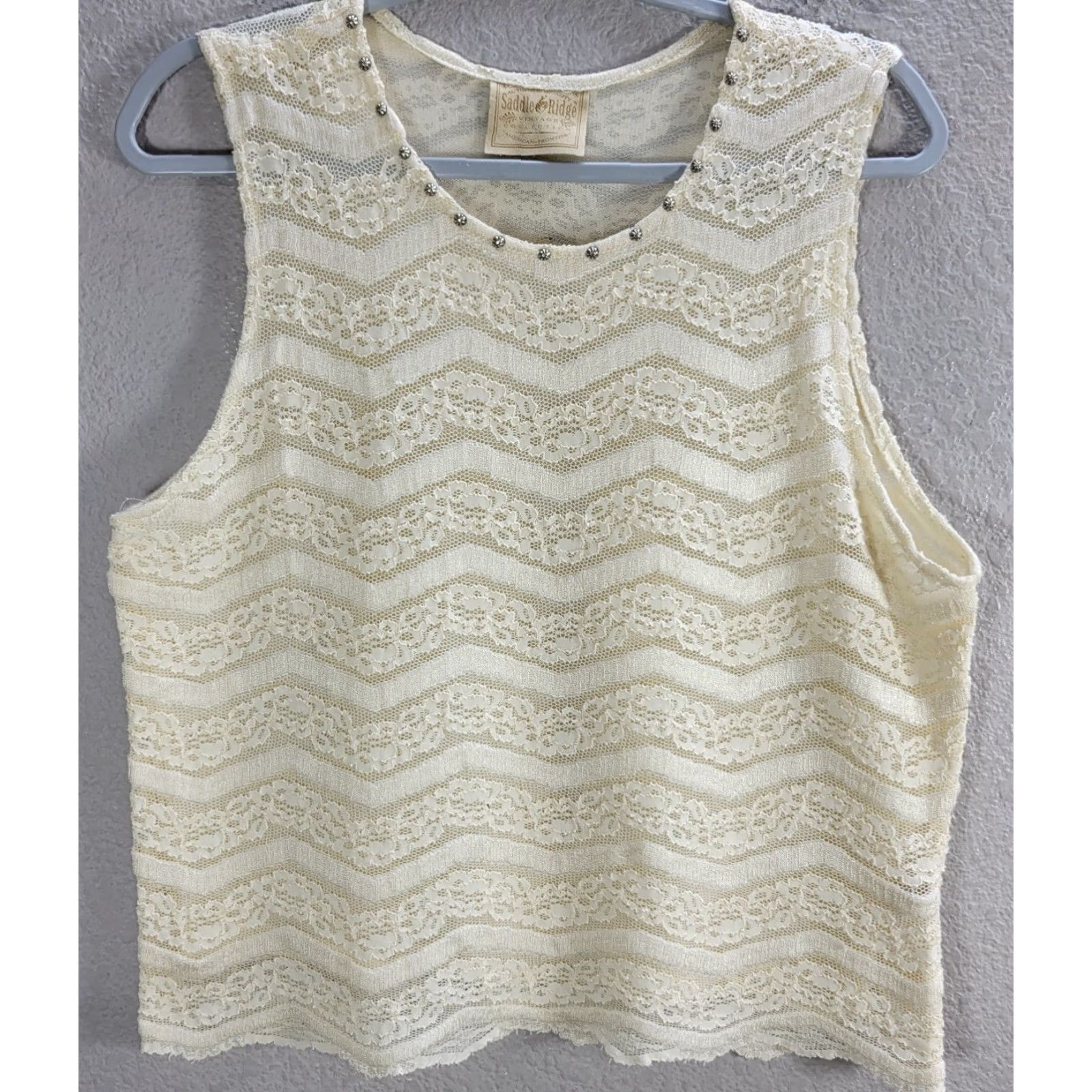 Vintage Saddle Ridge Cream Lace Studded Collar Sleeveless Top Western Nylon Rayon XL Cropped Tank Women Womens Shirt Size XL / US 12-14 / IT 48-50 - 4 Thumbnail