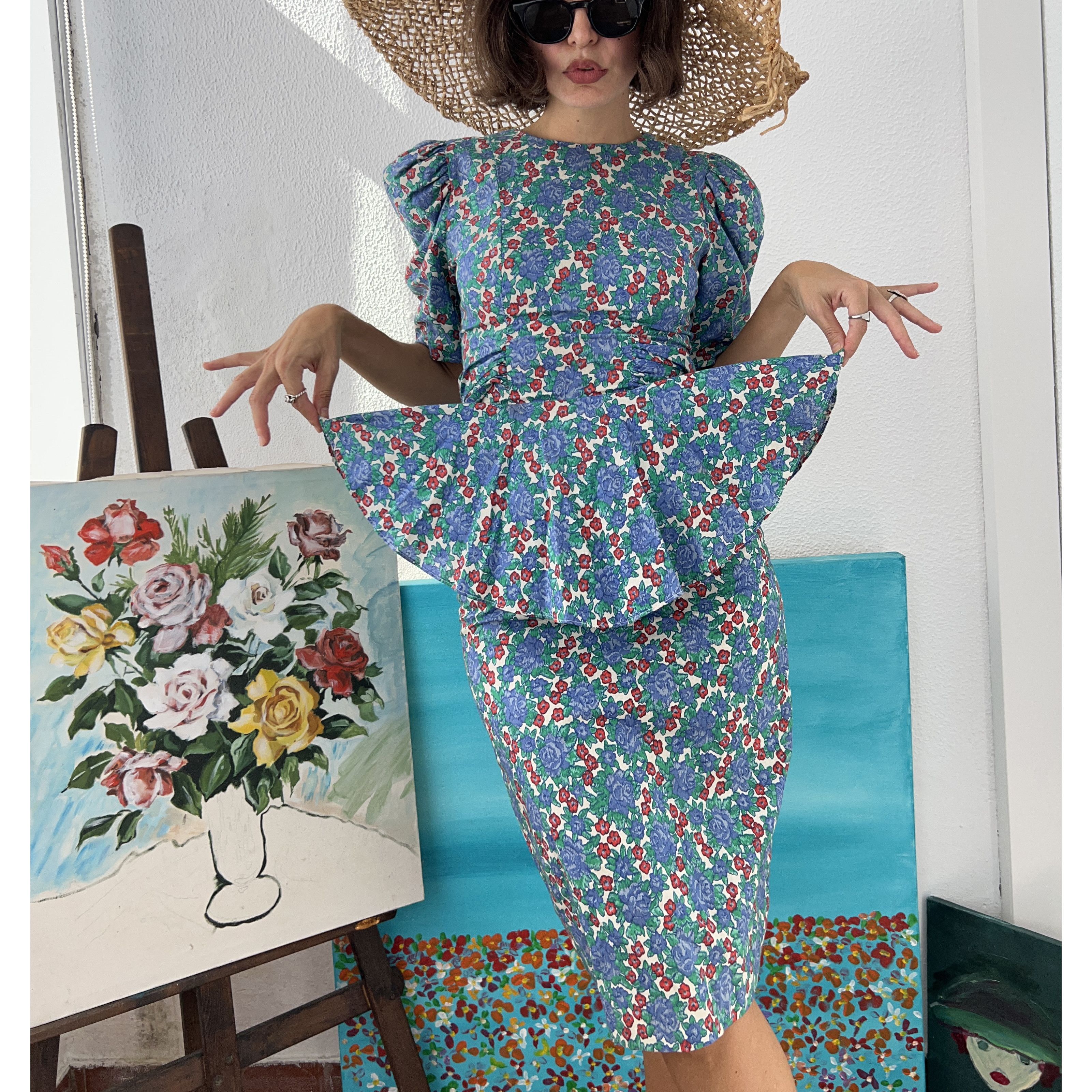 Vintage 80s Vintage Floral Cotton Midi Dress Size M / US 6-8 / IT 42-44 - 3 Thumbnail