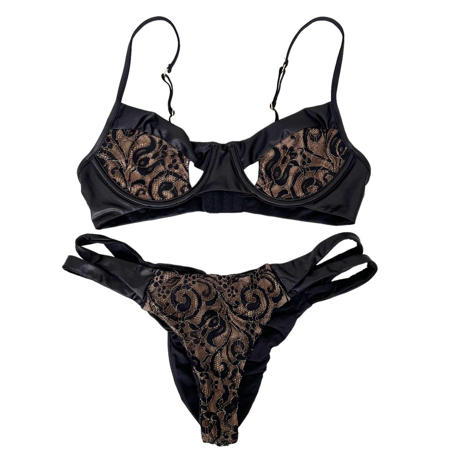 Other Beach Bunny Black Gold Lace Bikini Bathing Suit Sz L Size ONE SIZE - 9 Thumbnail