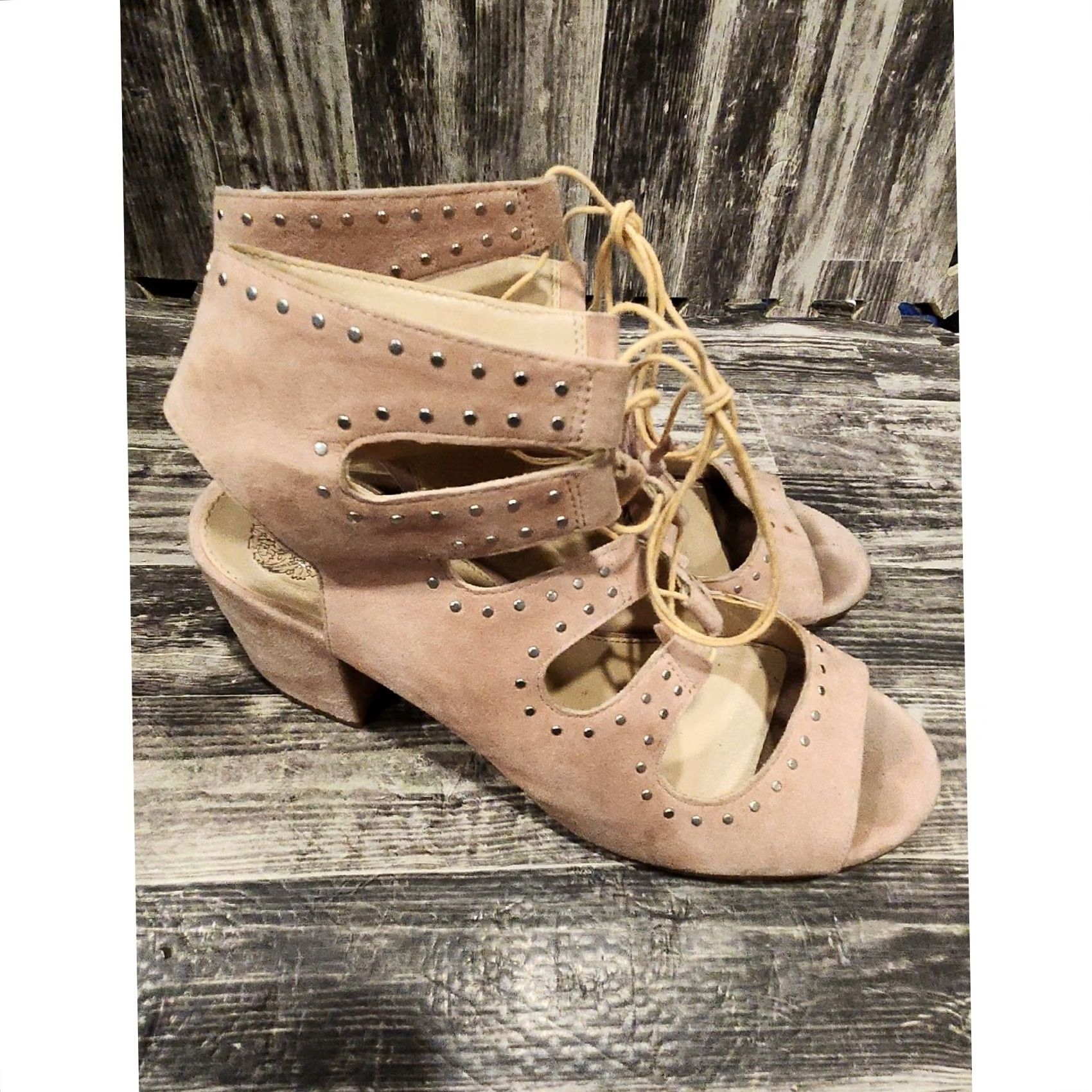 Vince Camuto Vince Camuto Blush Pink Suede Lace Up Studded Peep Toe Block Heel Sandals Womens Size US 10 / IT 40 - 2 Thumbnail