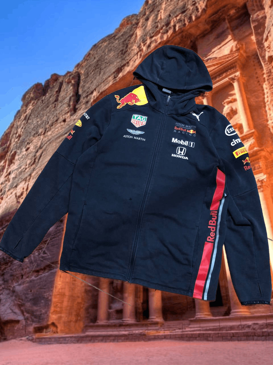 vintage Y2K black hoodie zip Puma logo Honda Red Bull