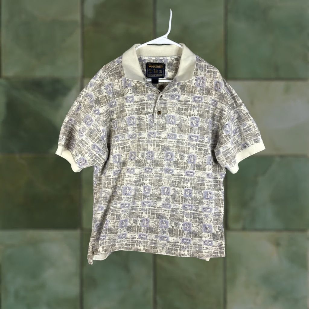 Vintage VINTAGE Woolrich Polo Shirt Mens XL Beige Purple Abstract Knit 90s Pattern Geometric Button Neck Collared Short Sleeve Mens Size US XL / EU 56 / 4 - 1 Thumbnail