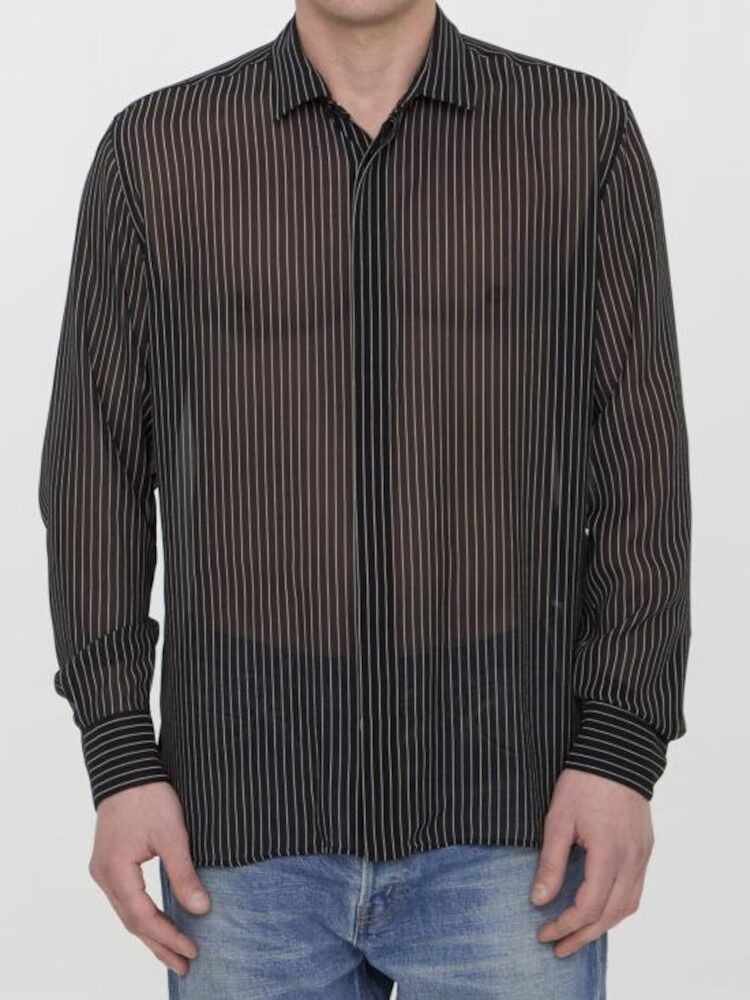 Saint Laurent Paris o1s1wg111124 Shirt in Pinstripe Silk Georgette in Black Size US M / EU 48-50 / 2 - 5 Thumbnail