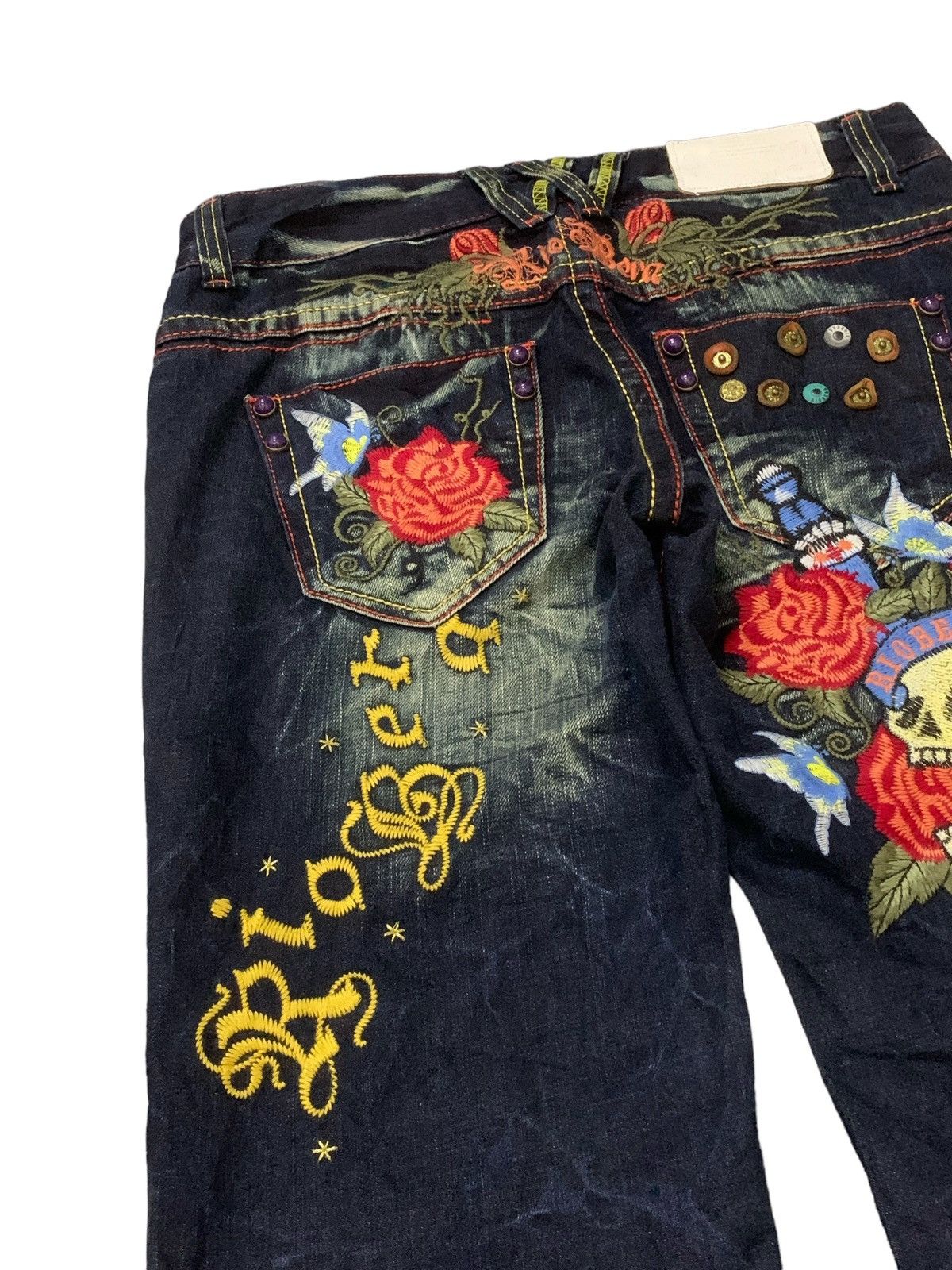 Ed Hardy × Japanese Brand Riobera Japan Embroidered Skull Tattoo Flared Denim Pants Size US 30 / EU 46 - 5 Thumbnail