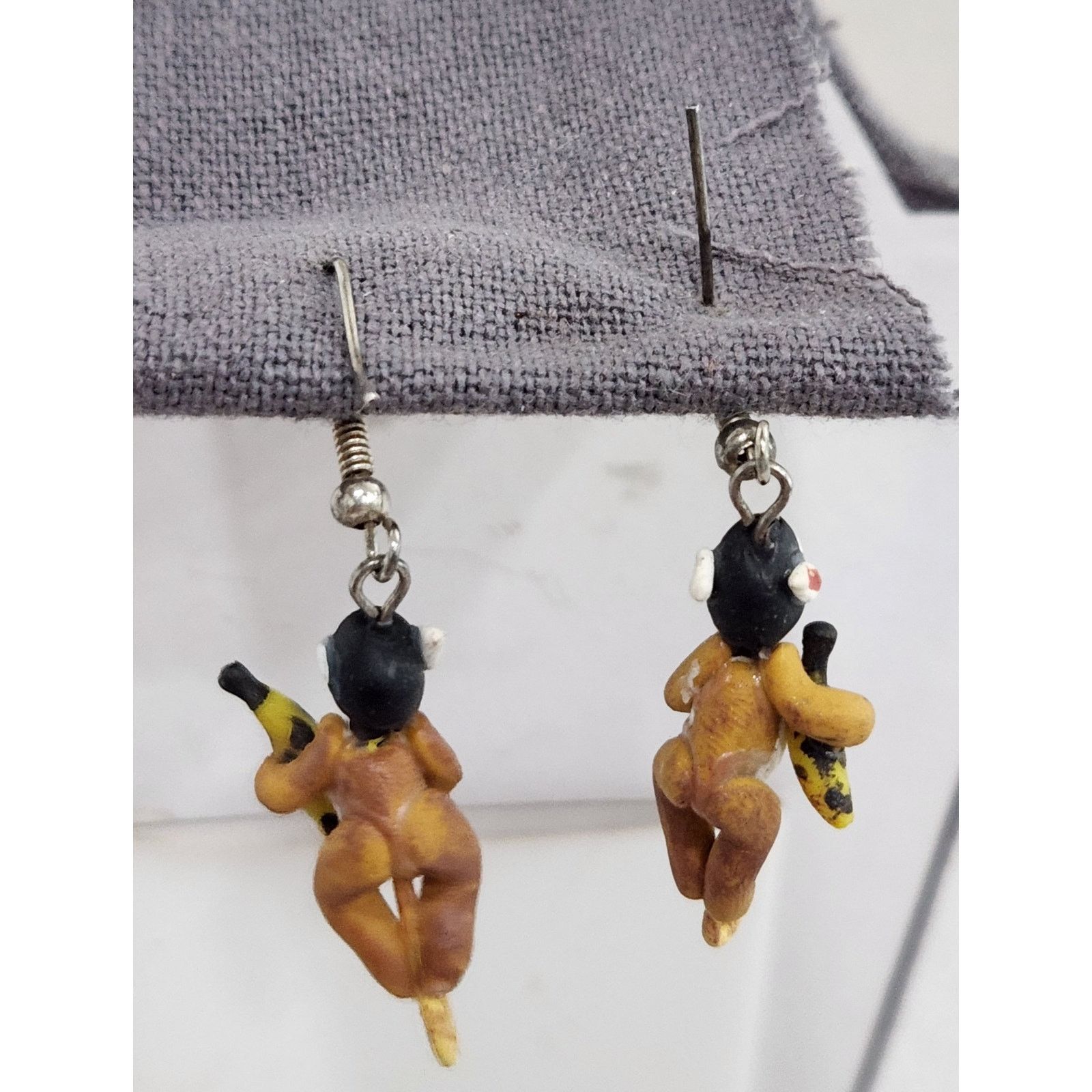 Other Hand Painted Monkey Holding Banana Dangle Hook Earrings 2.5" Size ONE SIZE - 2 Thumbnail