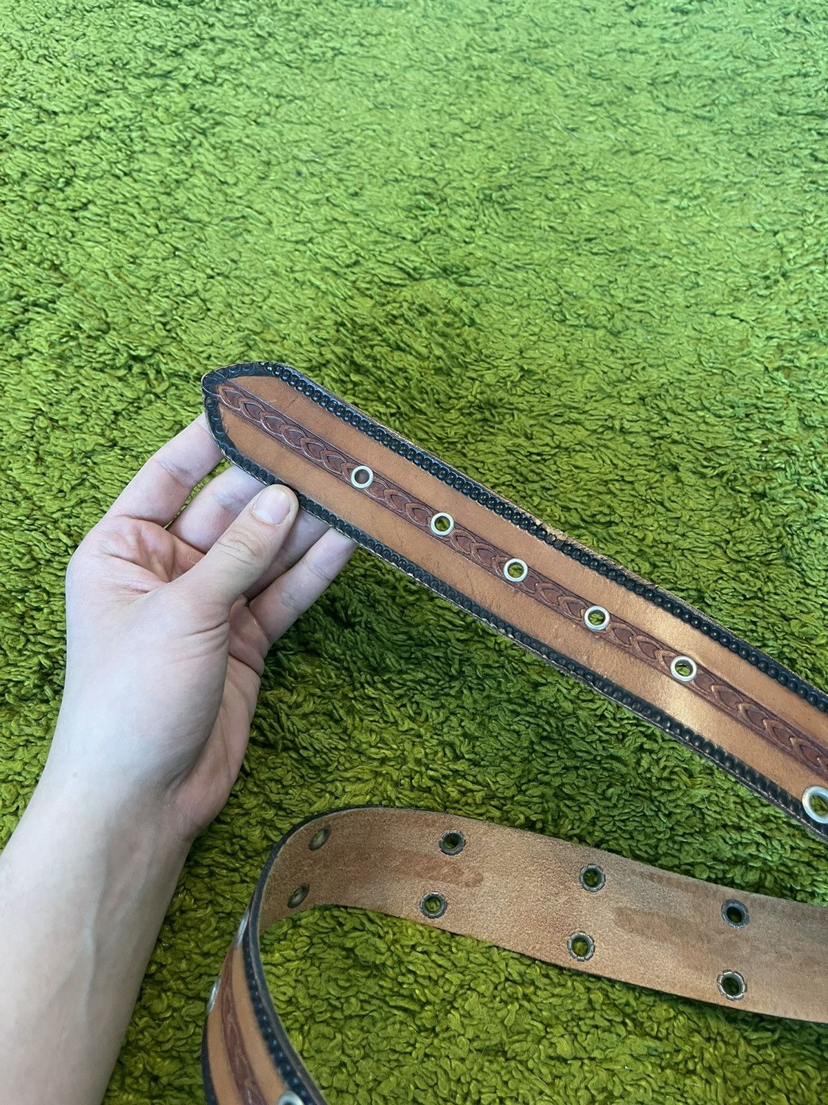 Cowboy Equipment × Genuine Leather × Vintage Western Cowboy style real leather chain pattern buckle belt Size 34 - 3 Thumbnail
