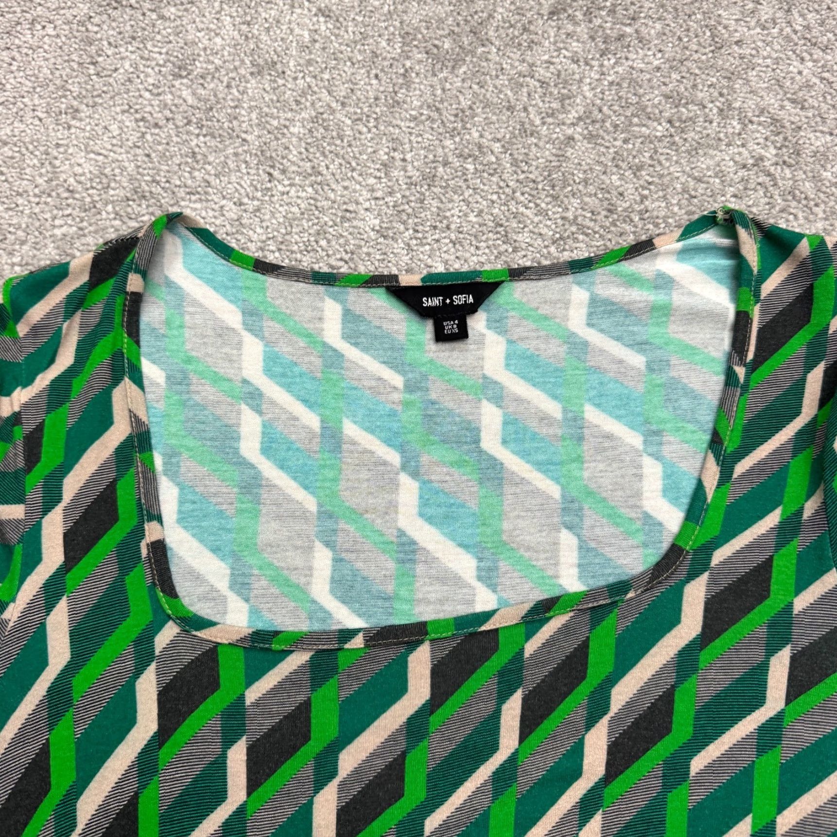 Vintage Saint + Sofia Geometric Chevron Midi Wrap Dress Womens 4 Green Asymmetric Hem Long Sleeve Square Neck Belted Dress Wrap Size S / US 4 / IT 40 - 6 Thumbnail