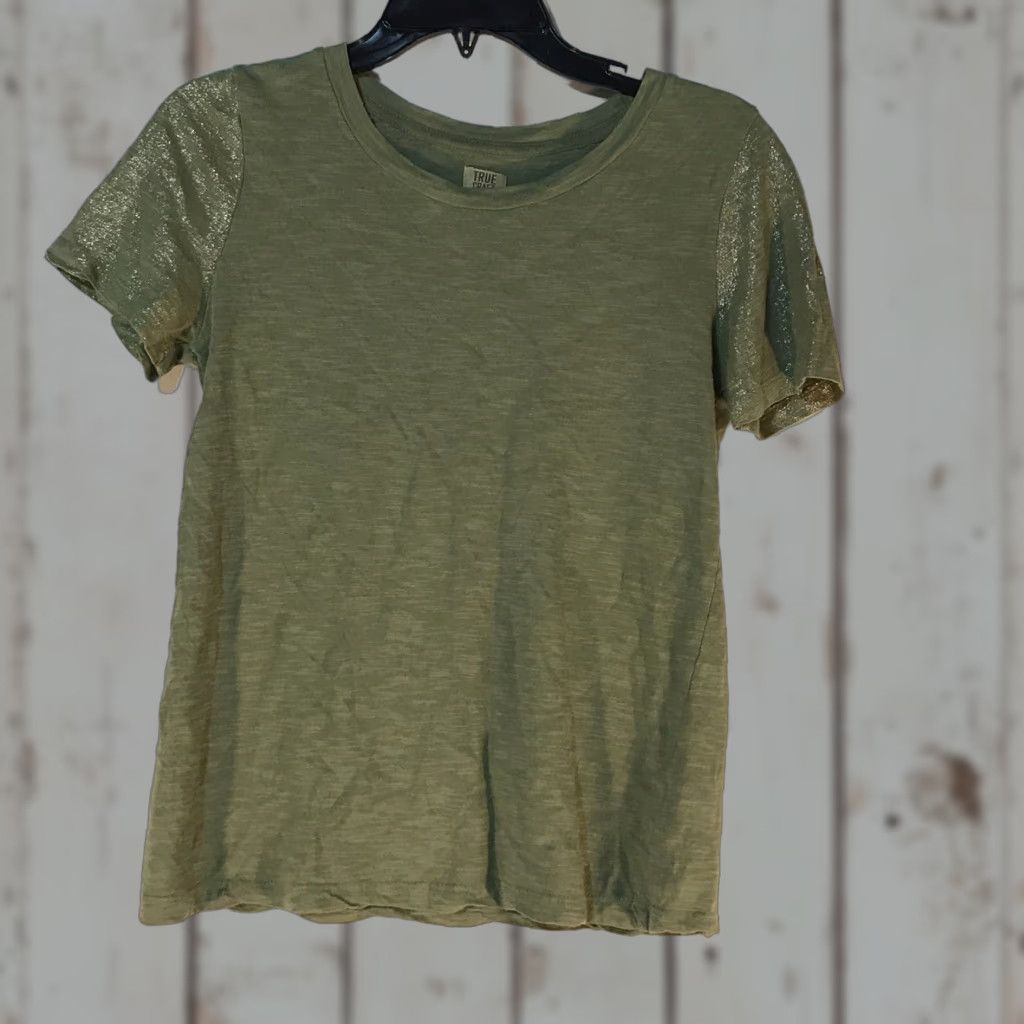 Vintage True Craft Green T-Shirt with Gold Glitter Sleeves Womens XS Casual Comfort Short Sleeve Size XS / US 0-2 / IT 36-38 - 1 Thumbnail