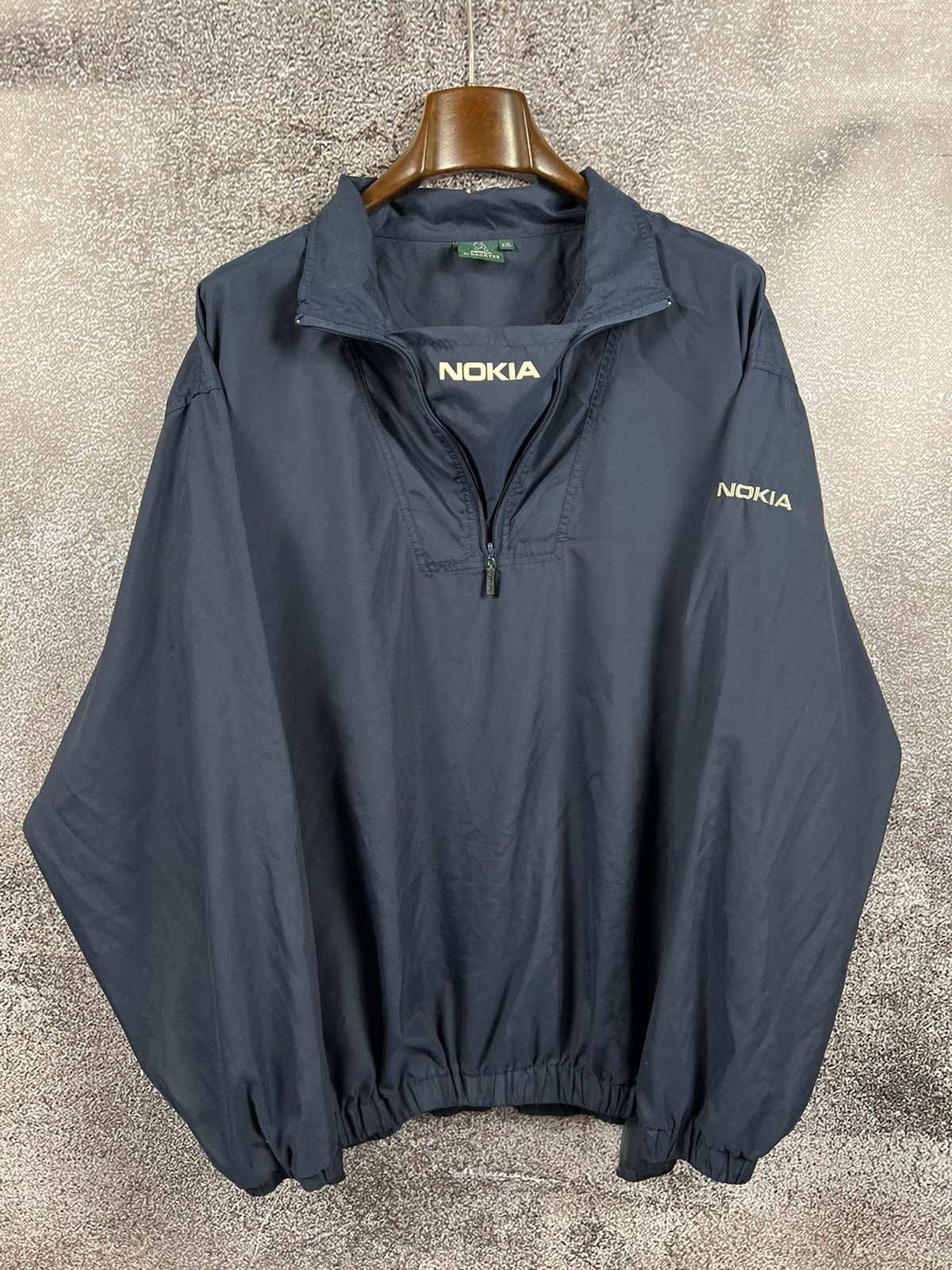 image of Archival Clothing x Avant Garde Nokia Vintage Y2K Half Zip Windbreaker Golf Jacket Big Logo in Navy