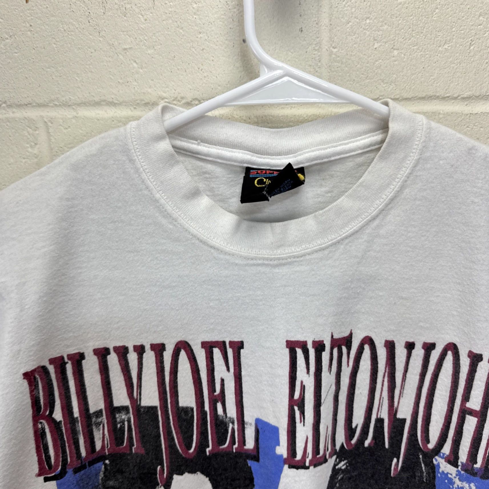 VINTAGE Billy Joel & Elton John T-Shirt Men's L White 90s World Tour Graphic Print Double-Sided Crew Neck - Softee