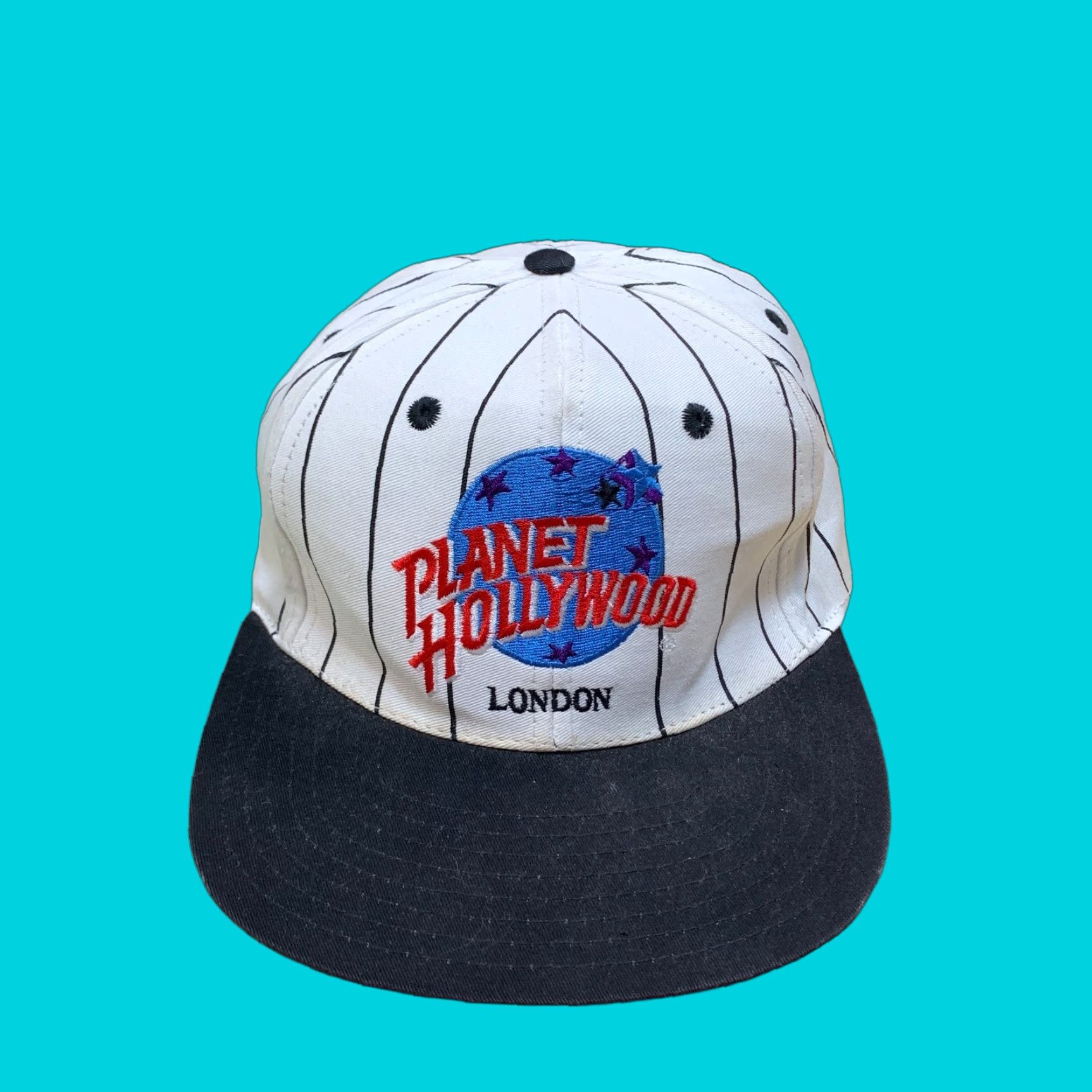 Planet Hollywood VINTAGE Planet Hollywood SnapBack Hat Men One Size White Pin Striped Adult One Size Hat Mens White Pin Stripe 90s Event Merchandise Size ONE SIZE - 1 Thumbnail