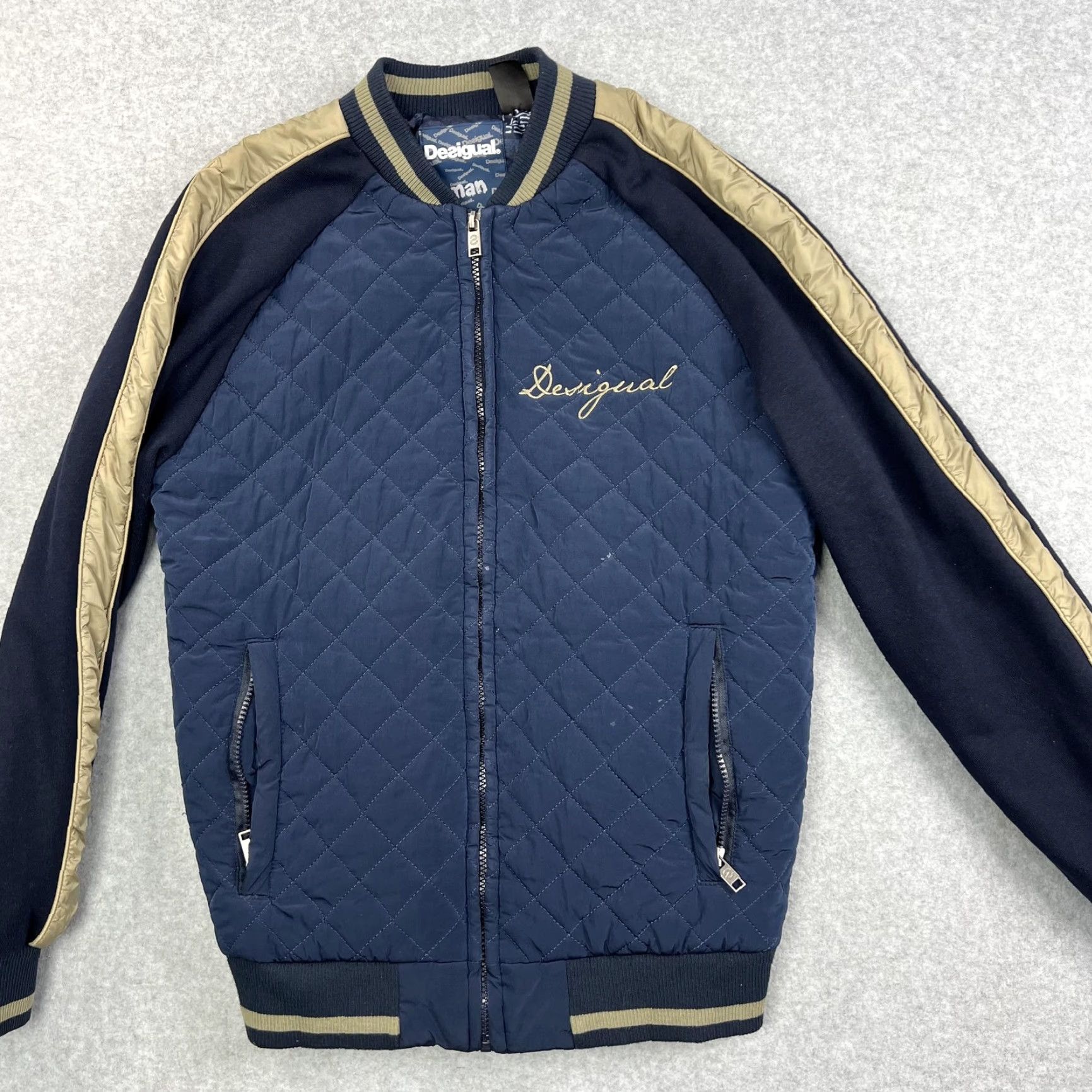 Desigual Desigual Jacket Mens Small Blue Navy Quilted Bomber Full Zip Gold Stripe Pockets Size US S / EU 44-46 / 1 - 4 Thumbnail