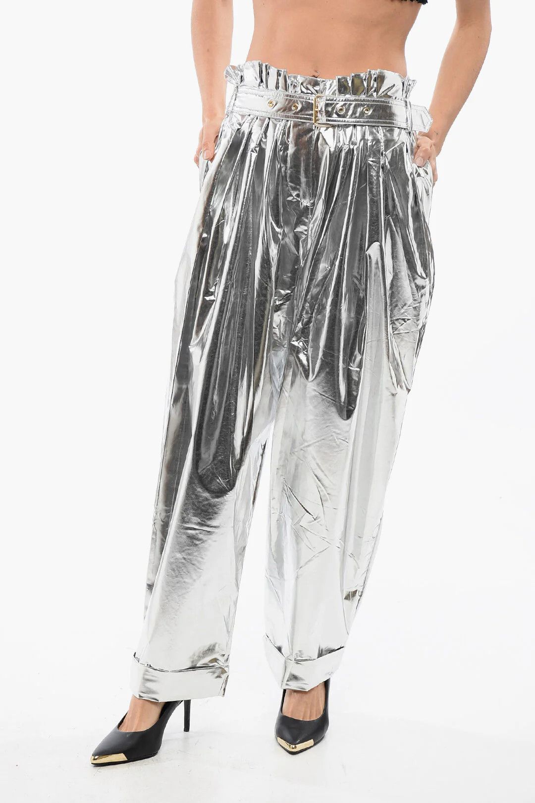 Balmain og1mm0326 High-Waisted Baggy-Fit Trousers in Sliver Size 26" / US 2 / IT 38 - 1 Thumbnail