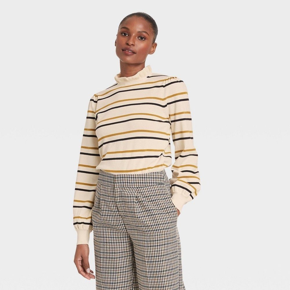 Other Women's High Neck Puover Sweater - Who What Wear™ Striped Size L / US 10 / IT 46 - 1 Thumbnail