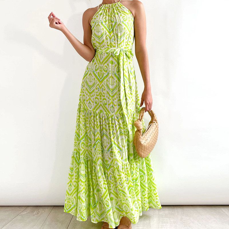 image of Vintage High-Waisted Beach Print Halter Dress in Green, Women's (Size Medium)