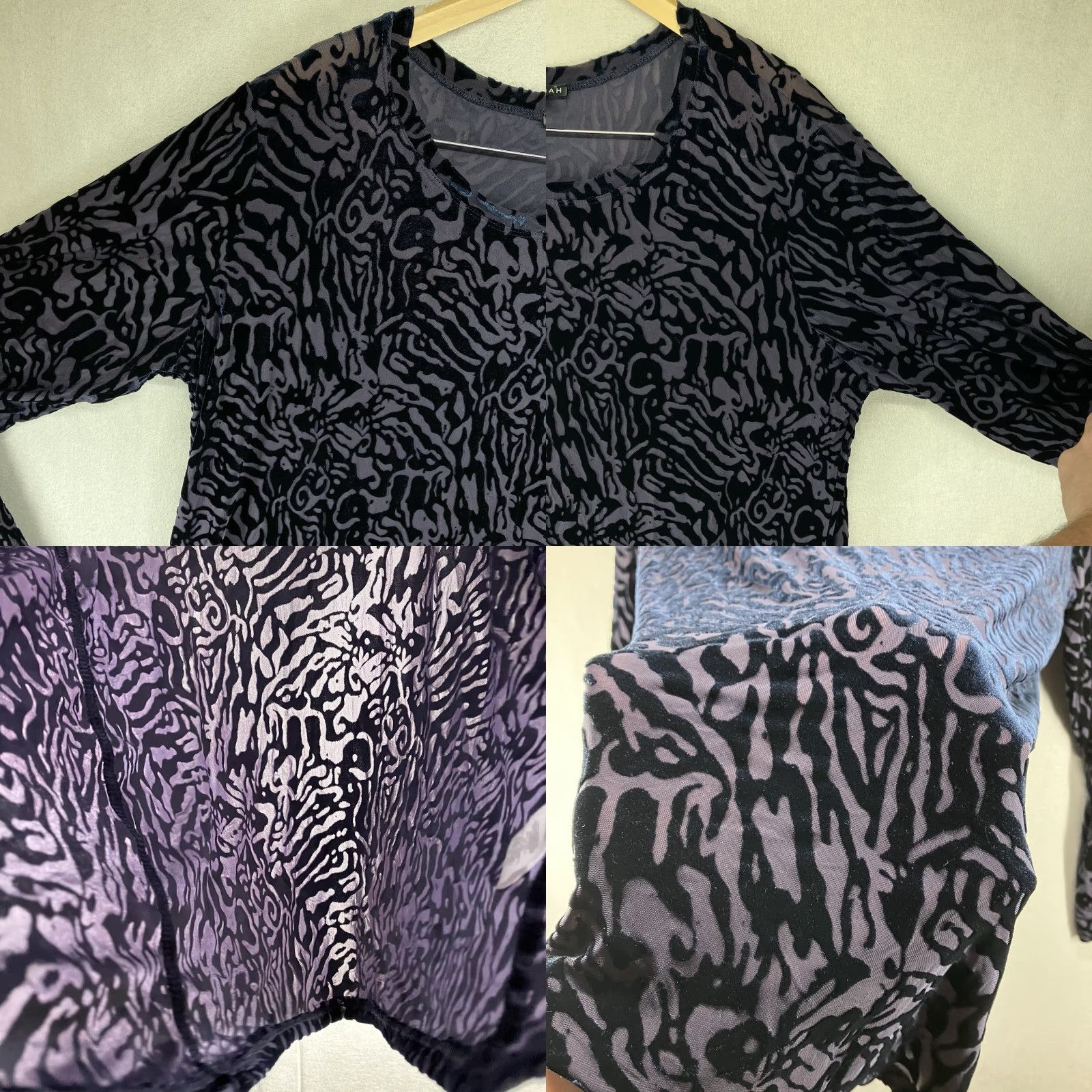 Vintage HANNAH Women's Black Velvet Deep Purple Top XL Tunic Blouse Long Sleeve Round Neck Fairy Gothic Casual Size XL / US 12-14 / IT 48-50 - 8 Thumbnail