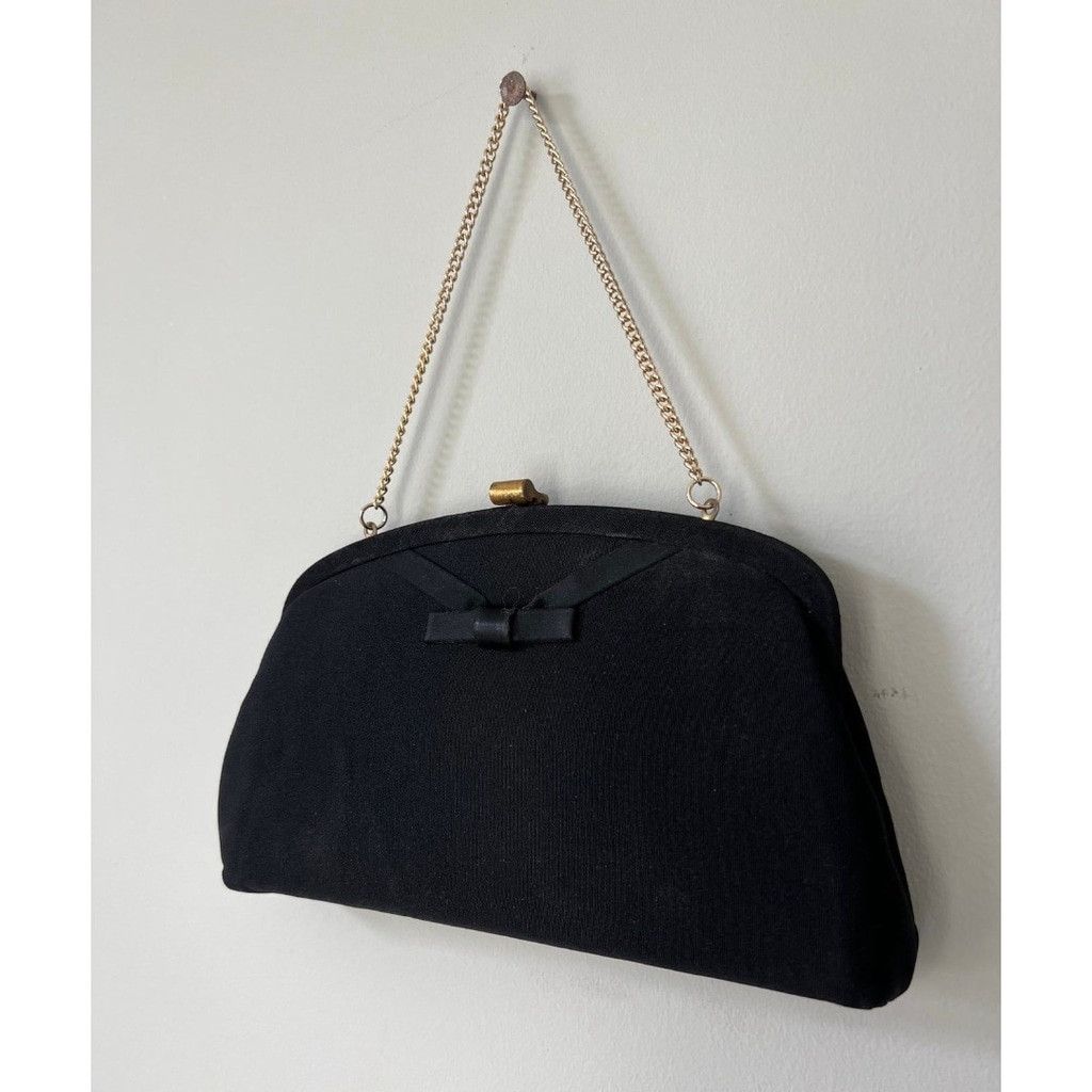 Vintage 1950s Vintage Black Clutch w/Bow & Chain Handle Purse Size ONE SIZE - 2 Thumbnail