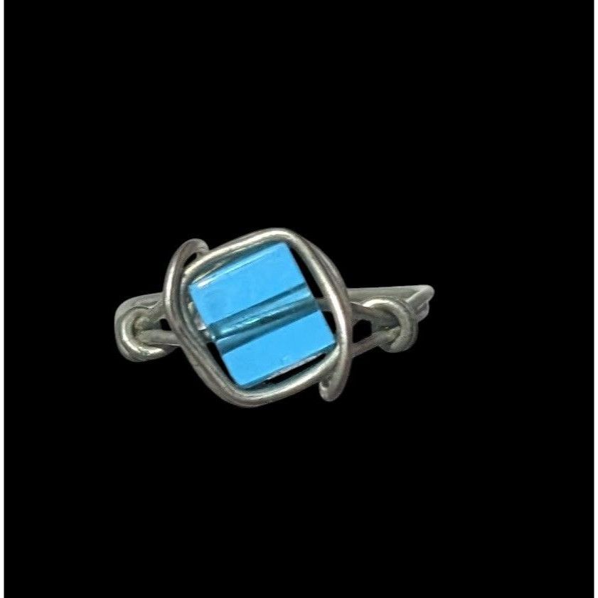 Other Blue And Silver Tone Wire Wrapped Handmade Glass Beaded Ring Size ONE SIZE - 4 Thumbnail