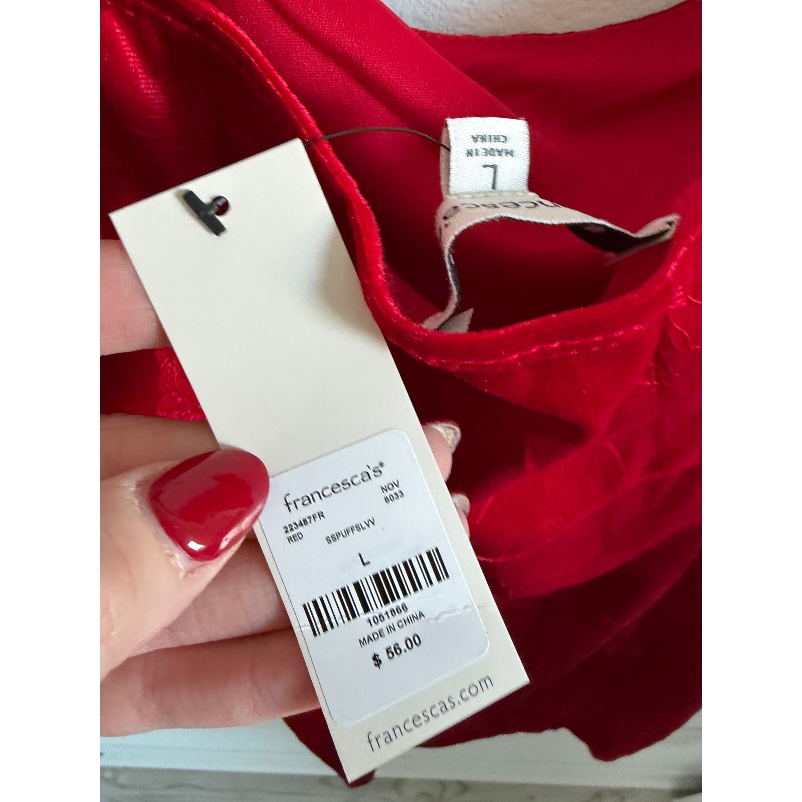 Other Francesca's Red Velvet Jacquard Short Puff Sleeve Mini Dress Size L / US 10 / IT 46 - 5 Thumbnail