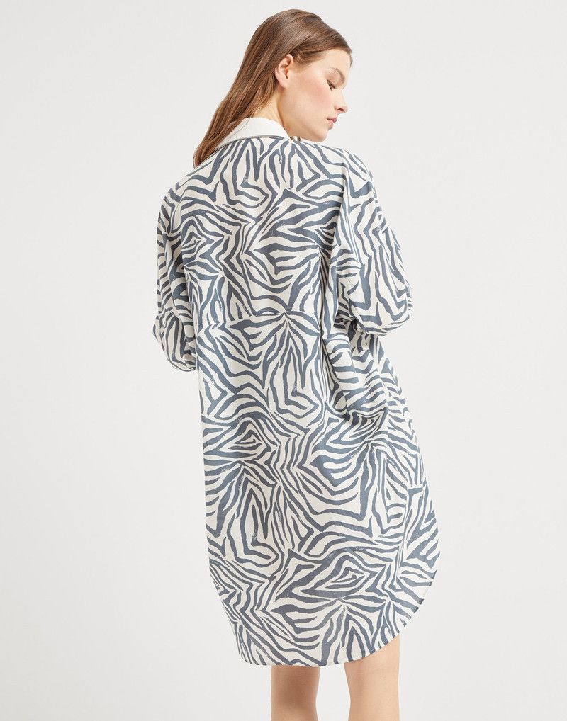 Brunello Cucinelli o1la1rc1a0326 Ethnic Print Poplin Shirt Dress in White/Blue Size M / US 6-8 / IT 42-44 - 2 Thumbnail