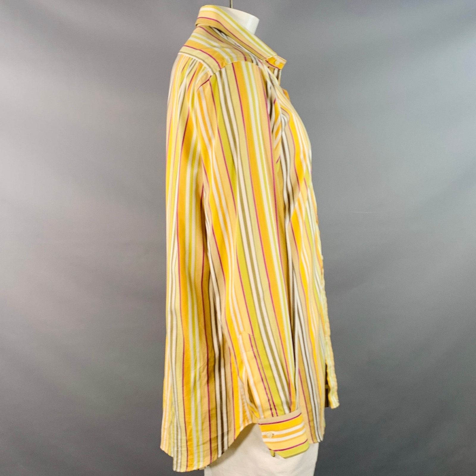 Etro ETRO Yellow Green White Stripe Cotton Curved Cutaway Shirt Size US XL / EU 56 / 4 - 3 Thumbnail