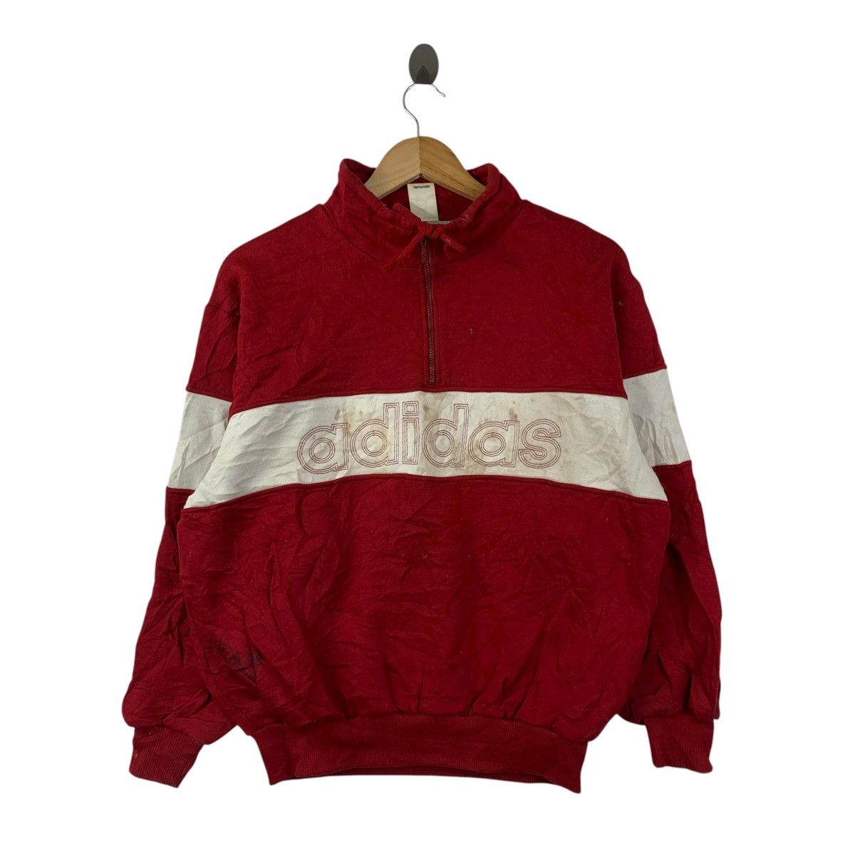 Adidas Vintage 90s Adidas Trefoil Half-Zip Sweatshirt Red White Size US M / EU 48-50 / 2 - 1 Thumbnail