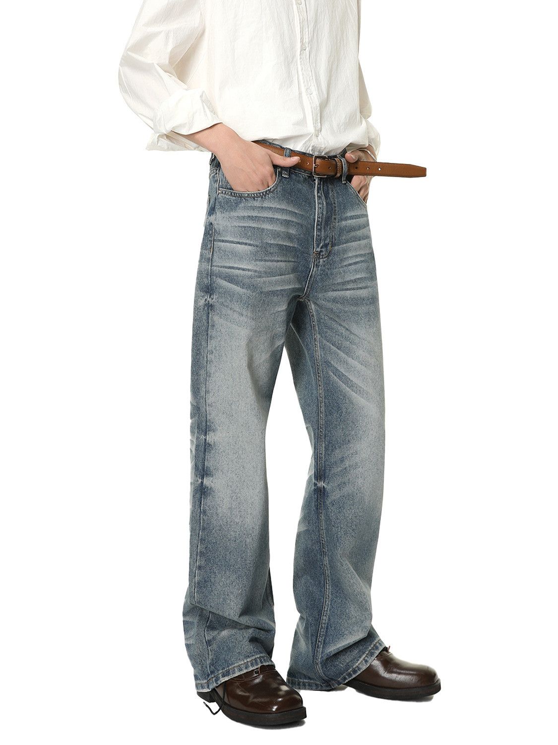 Japanese Brand Men's street washed retro distressed wide-leg straight jeans Size US 32 / EU 48 - 3 Thumbnail