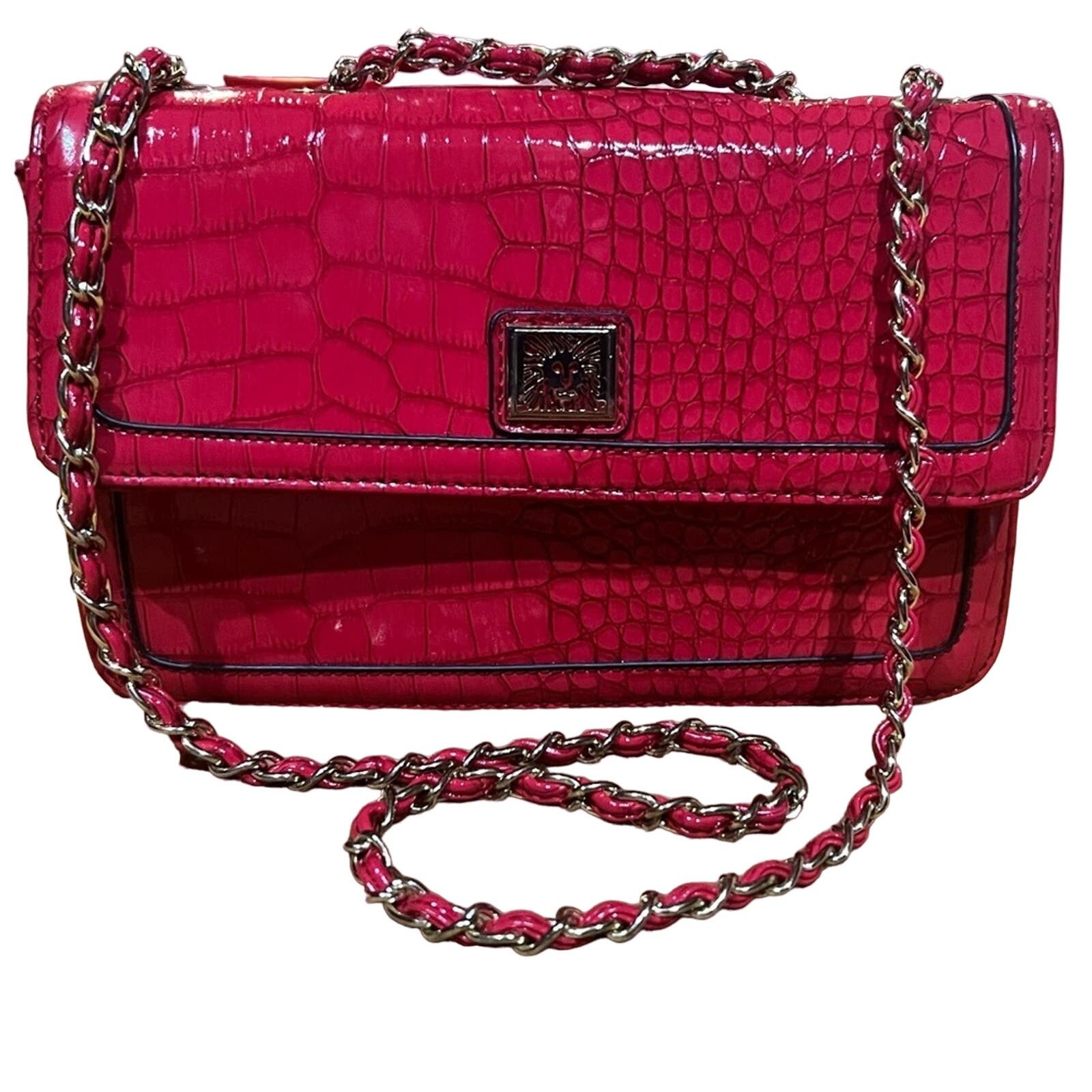 Anne Klein Purse Red Crocodile Patent Handbag Gold accents