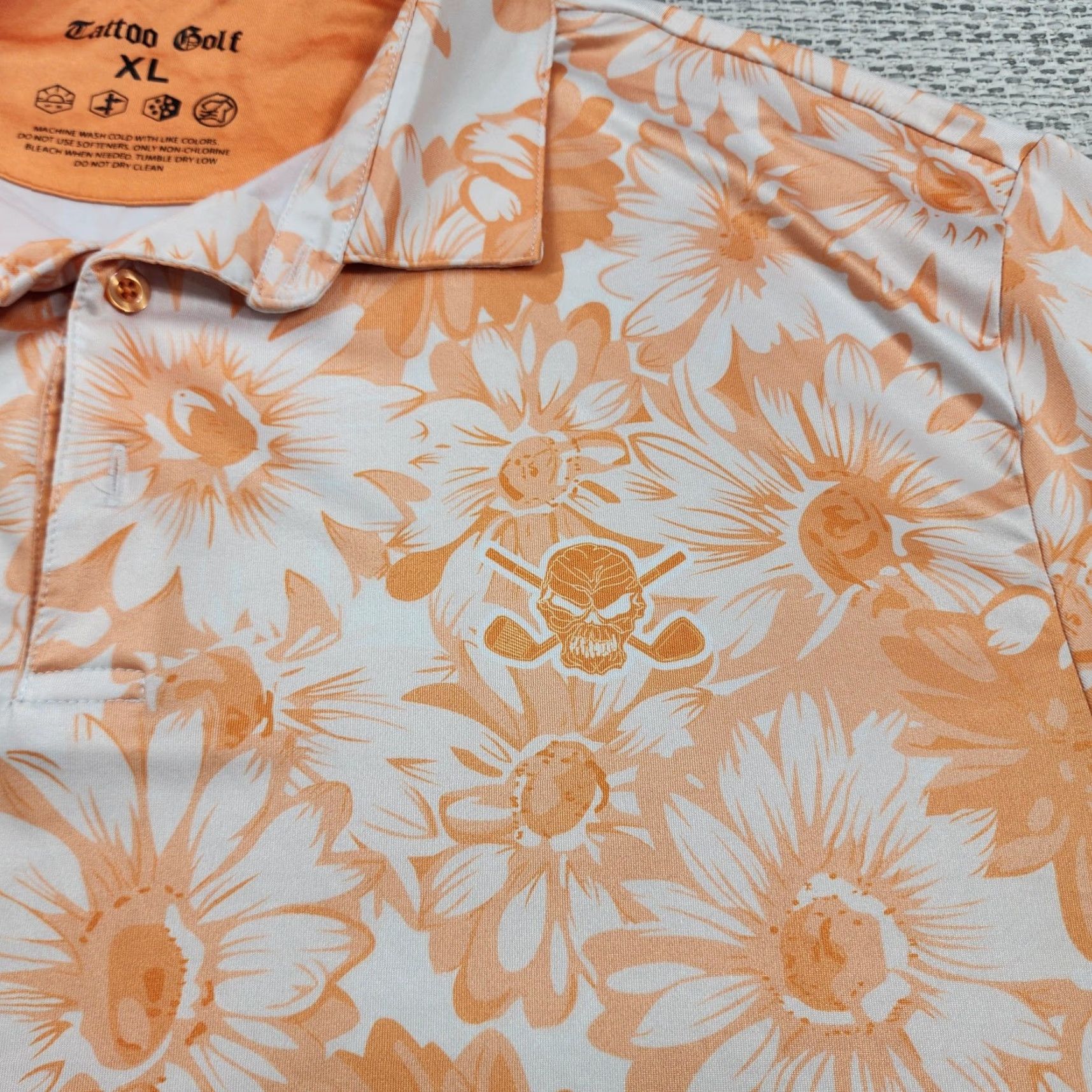 Vintage Tattoo Golf Polo Shirt Mens XL Orange White Floral Daisy Print Skull Logo Aloha Shirt Size US XL / EU 56 / 4 - 7 Thumbnail