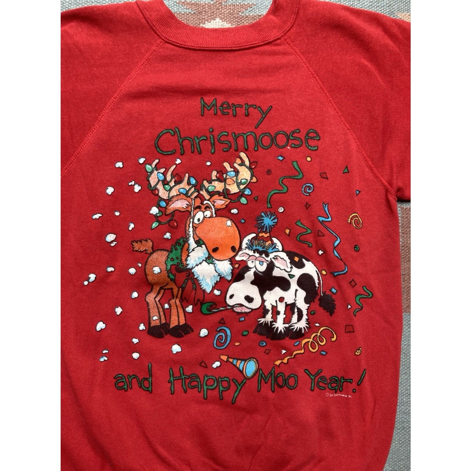 Vintage VINTAGE Sweatshirt Merry Christmas Happy Moo Year Cow Moose Medium Red Mens Crewneck 80s Size US M / EU 48-50 / 2 - 2 Thumbnail