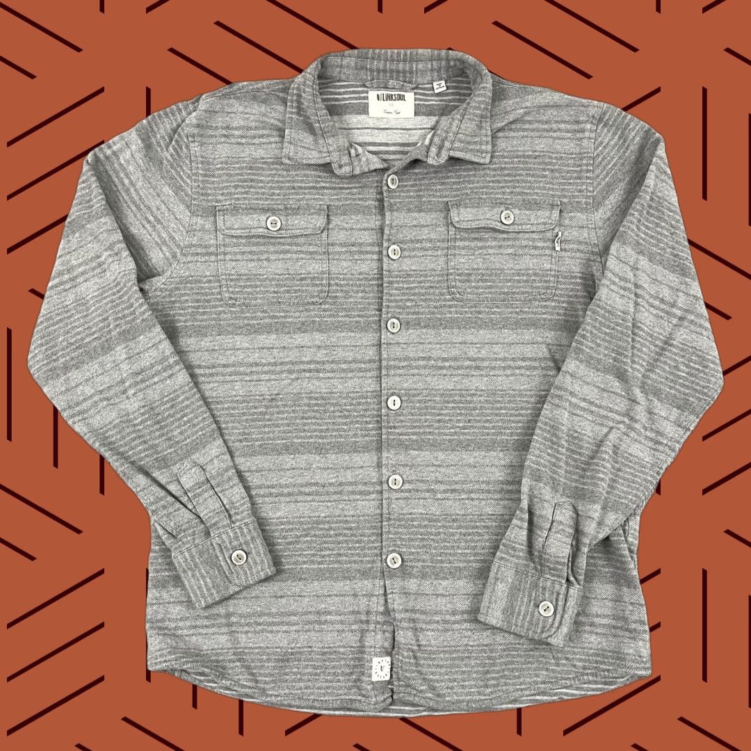 Vintage Linksoul Button-Up Shirt Mens Medium Gray Striped Long Sleeve Luxury Cotton Flannel Classic Outdoor Size US M / EU 48-50 / 2 - 1 Thumbnail