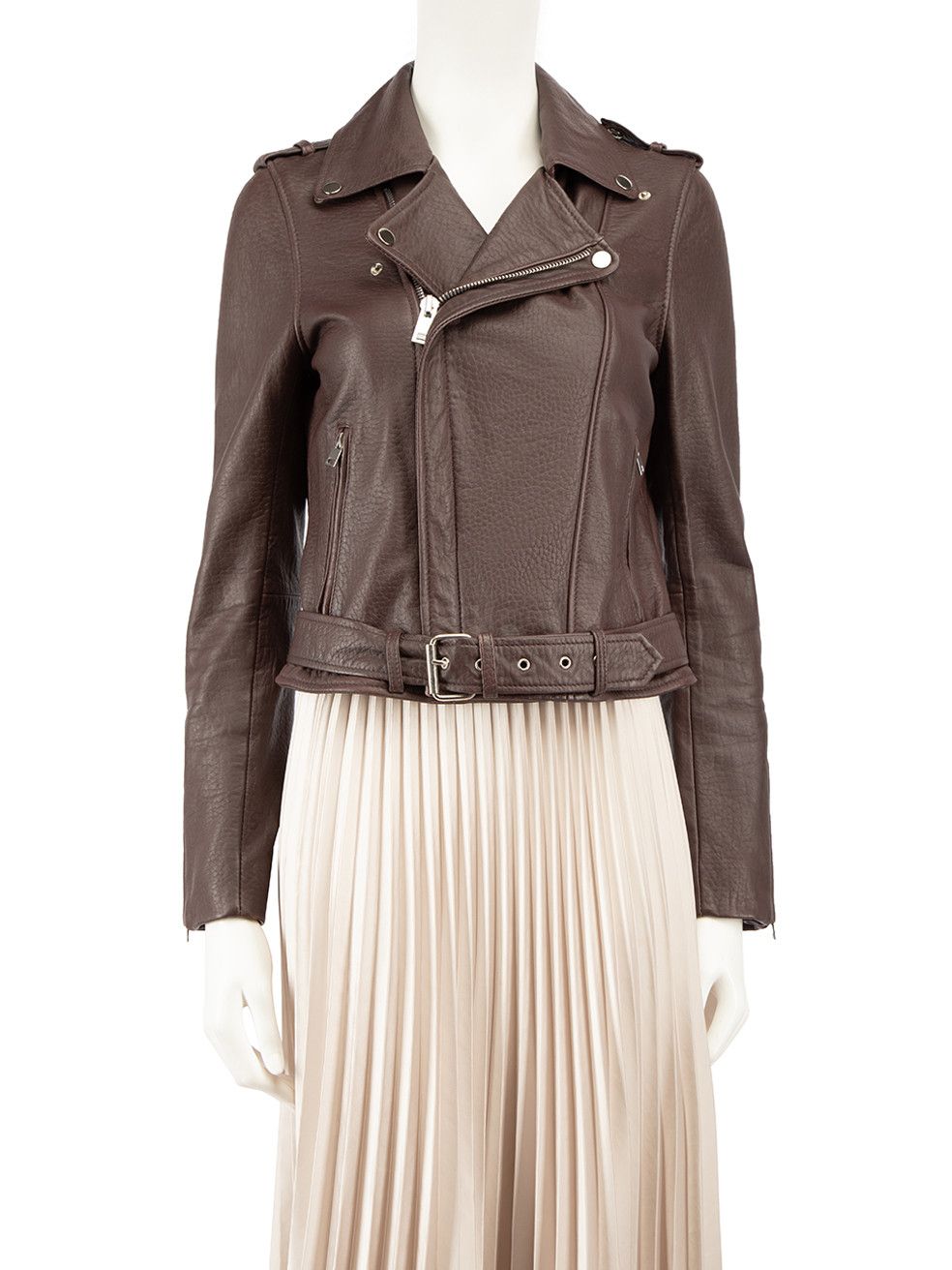 Brown Leather Zipped Biker Jacket