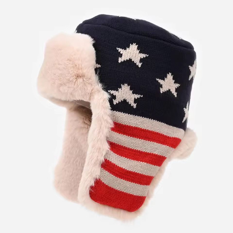 Vintage American Flag Warm Plush Knit Ushanka Hat Size ONE SIZE - 1 Thumbnail