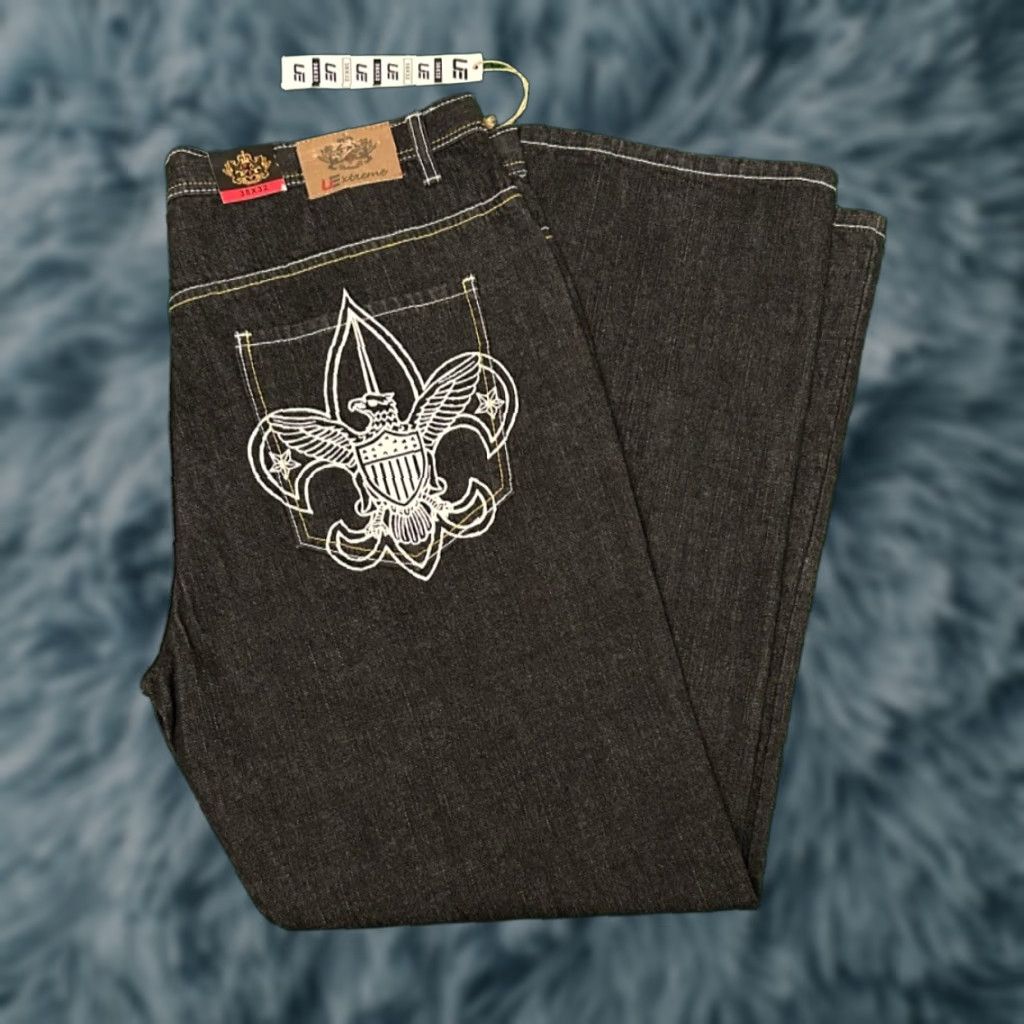 VINTAGE UE Xtreme Baggy Skater Grunge Jeans VTG Mens Size 38 Army Wings Embroidered Jeans Style Wide-Leg 32 Inseam Mens