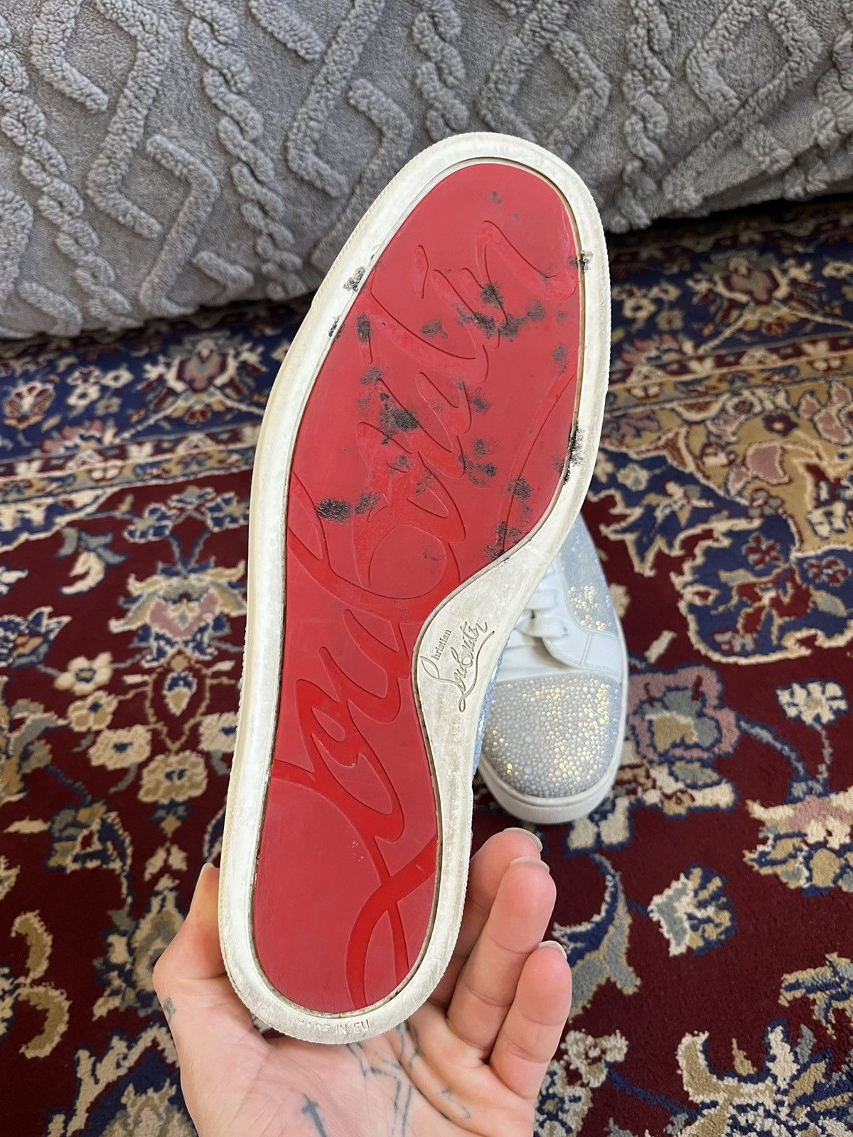 Christian Louboutin Mens Christian Louboutin White Leather Swarovski Sneakers 🔥 Size US 9 / EU 42 - 6 Thumbnail