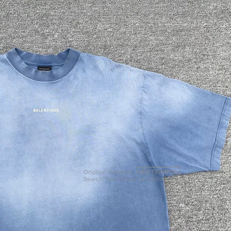 Balenciaga Balenciaga Embroidered Logo Blue Distressed Short Sleeve Size US XL / EU 56 / 4 - 4 Thumbnail