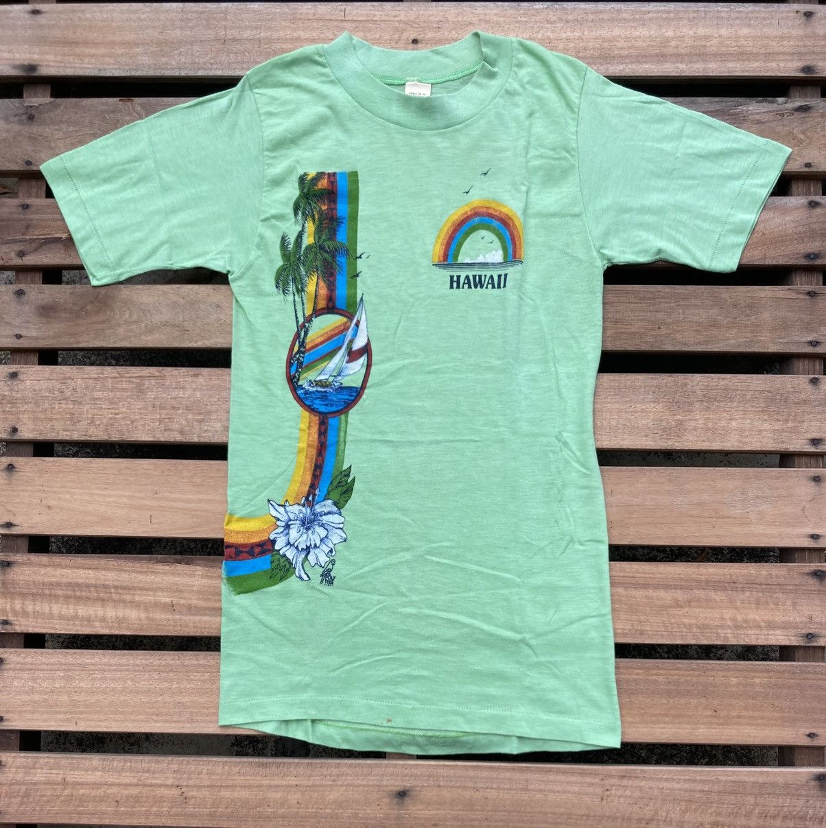 Vintage Vintage 70s Hawaii Polytees Neon Green T shirt Size US S / EU 44-46 / 1 - 2 Thumbnail