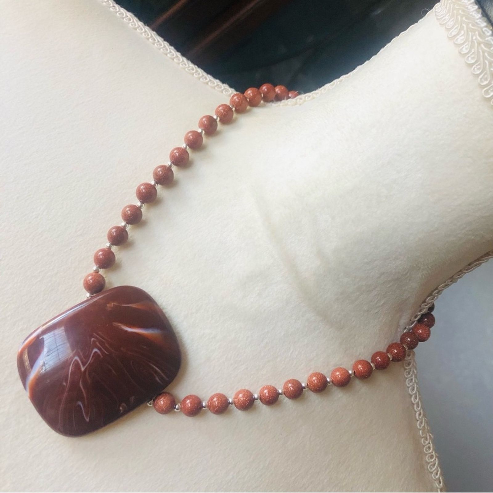 Handmade Handcrafted large marble medallion goldstone bead necklac Size ONE SIZE - 1 Thumbnail