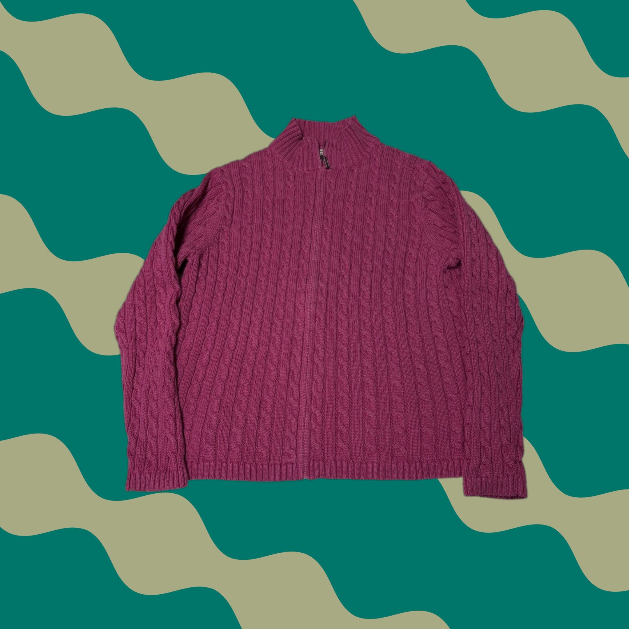 Vintage VINTAGE LLBean Cable Knit Full Zip Mock Neck Sweater Magenta Cotton Size L Size L / US 10 / IT 46 - 1 Thumbnail